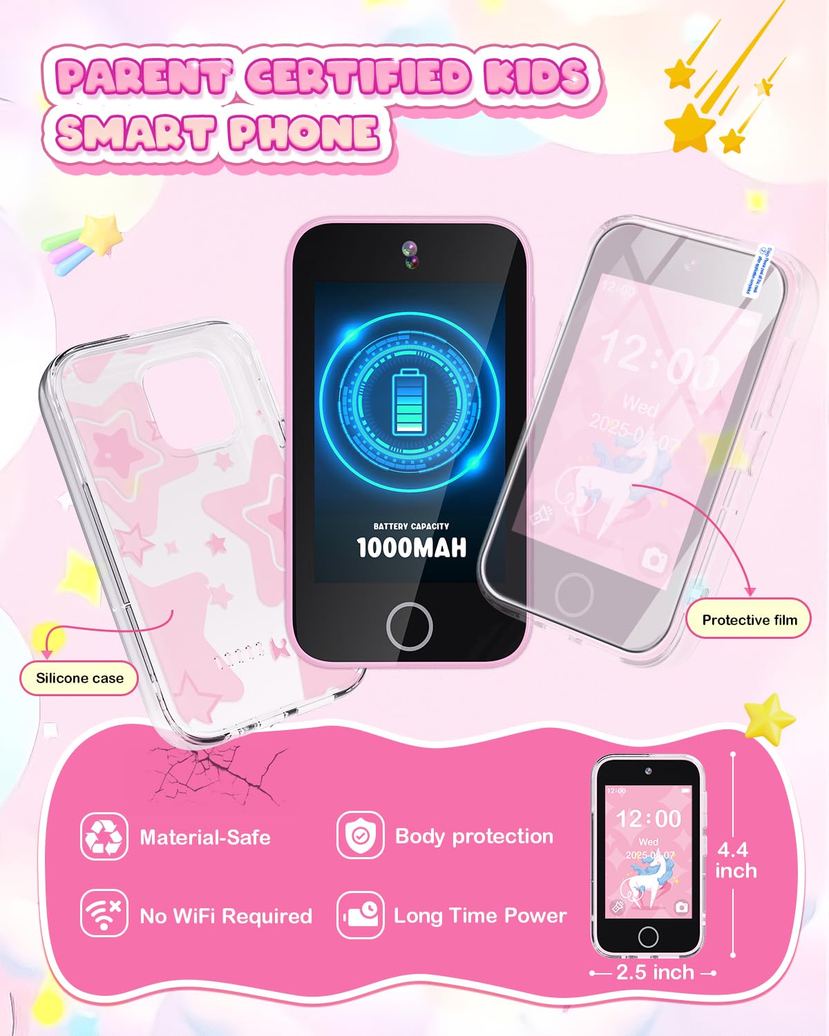 Meetrye Kids Smart Phone,3.5" Touchscreen Learning Toy Phone for Girl,Pink – back view and specifications