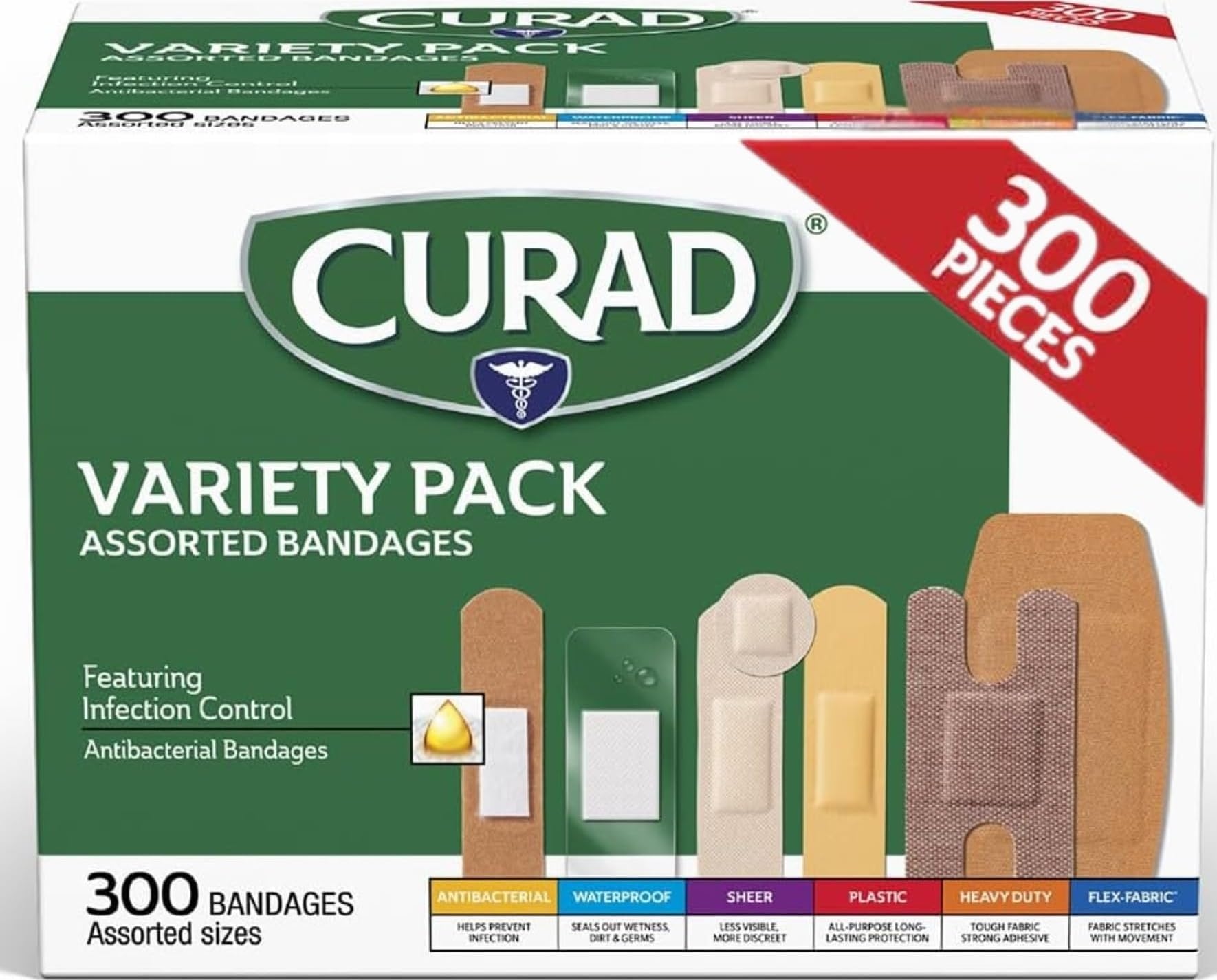 CURAD Assorted Bandages Variety Pack, 300 Count, 6 Styles - Product Imagery
