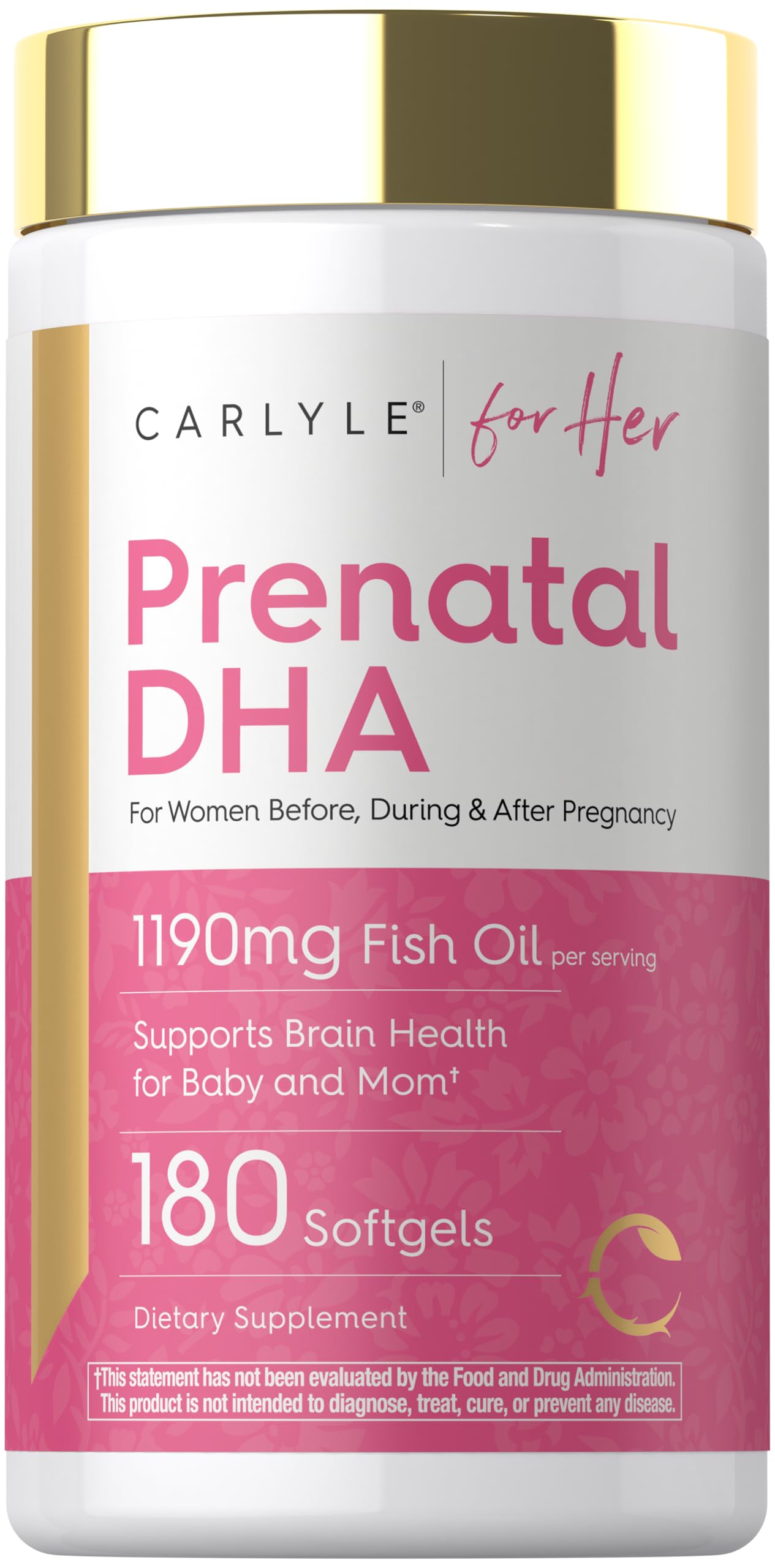 Carlyle Prenatal DHA Vitamin softgels, 180 count, dietary supplement for prenatal health, with orange and yellow softgel capsules.