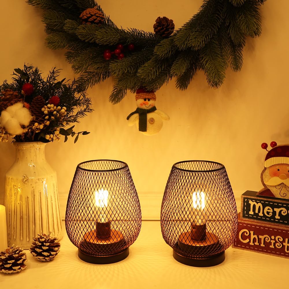 NEEDOMO Battery Operated Lamp Table Powered Lantern, Set of 4 Metal Cage Cordless Lamps with LED Bulb, Vintage Decorativ