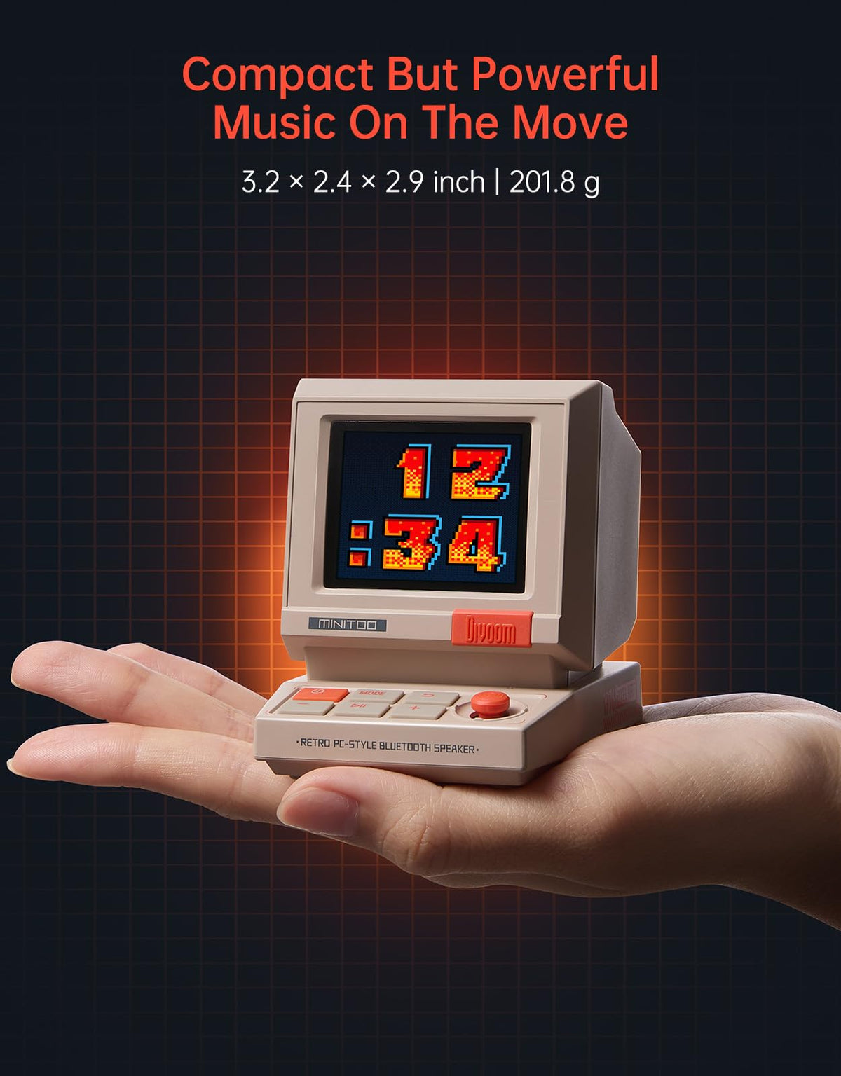 Divoom MiniToo Retro PC-Style Computer Speaker, Pixel Screen with DIY Faces – back view and specifications