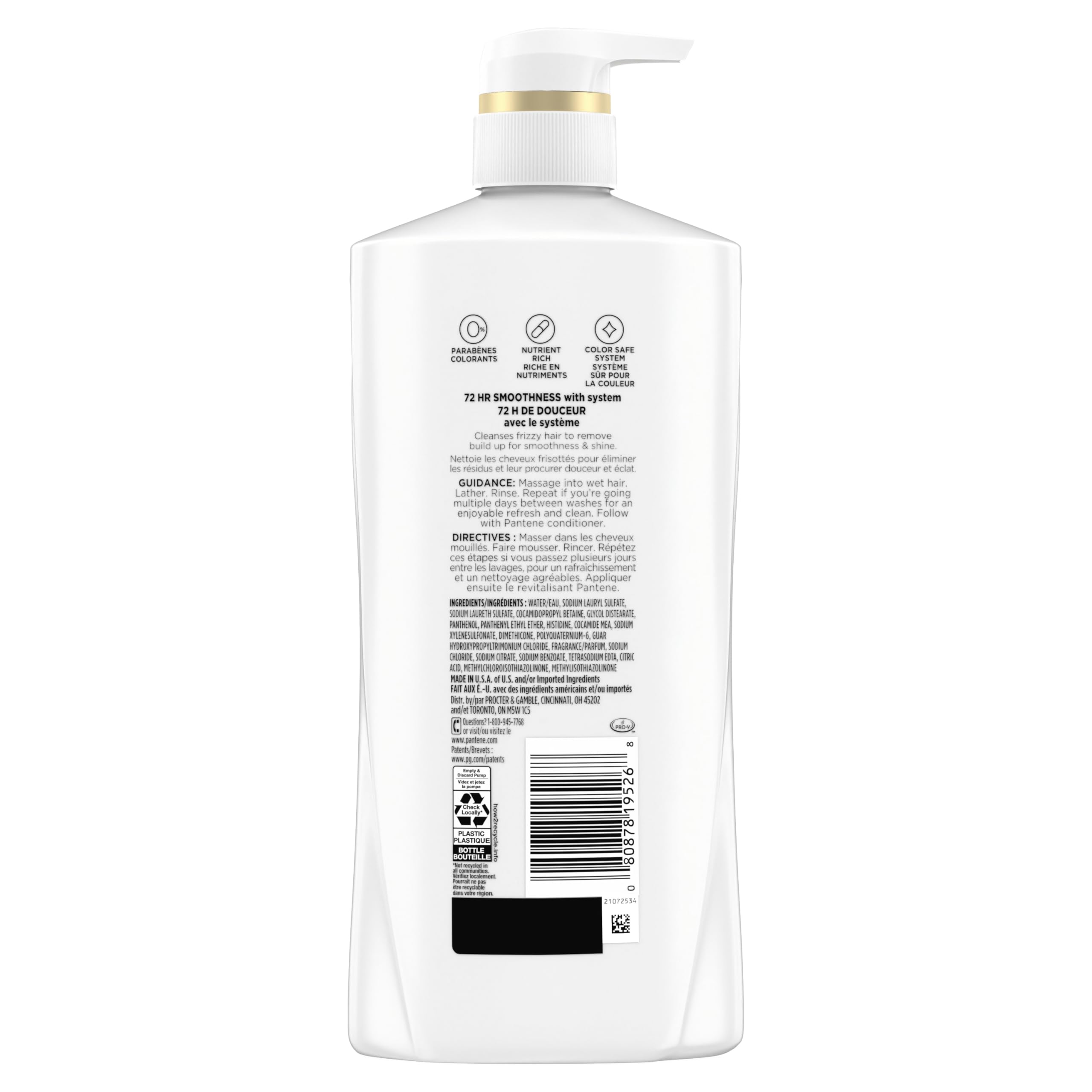 Pantene Smooth & Sleek Shampoo and Conditioner set in 52.8 oz bottles, featuring sleek, shiny hair after use