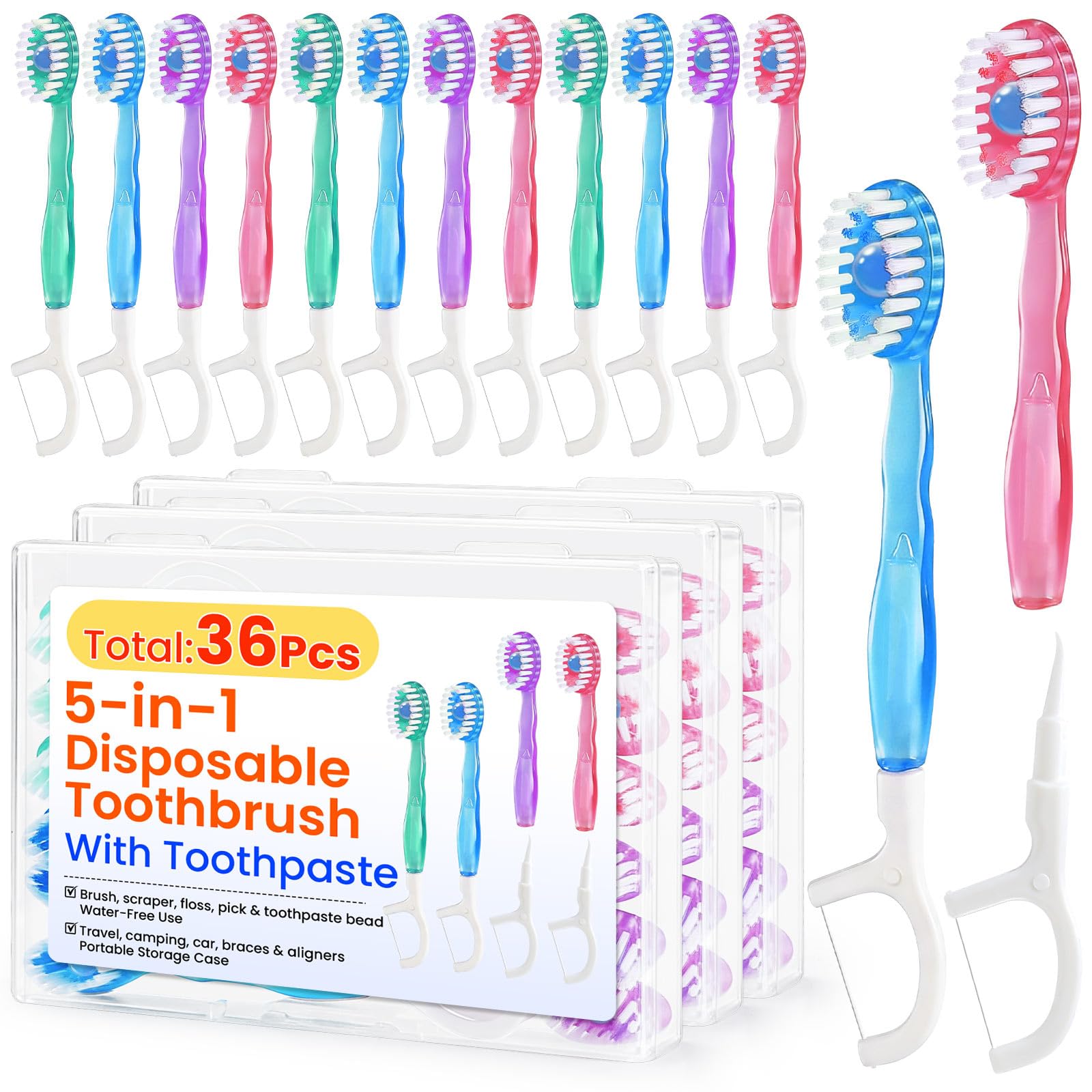 36 Pack 5-in-1 Mini Disposable Toothbrush, WaterlessToothbrushes - Product Imagery