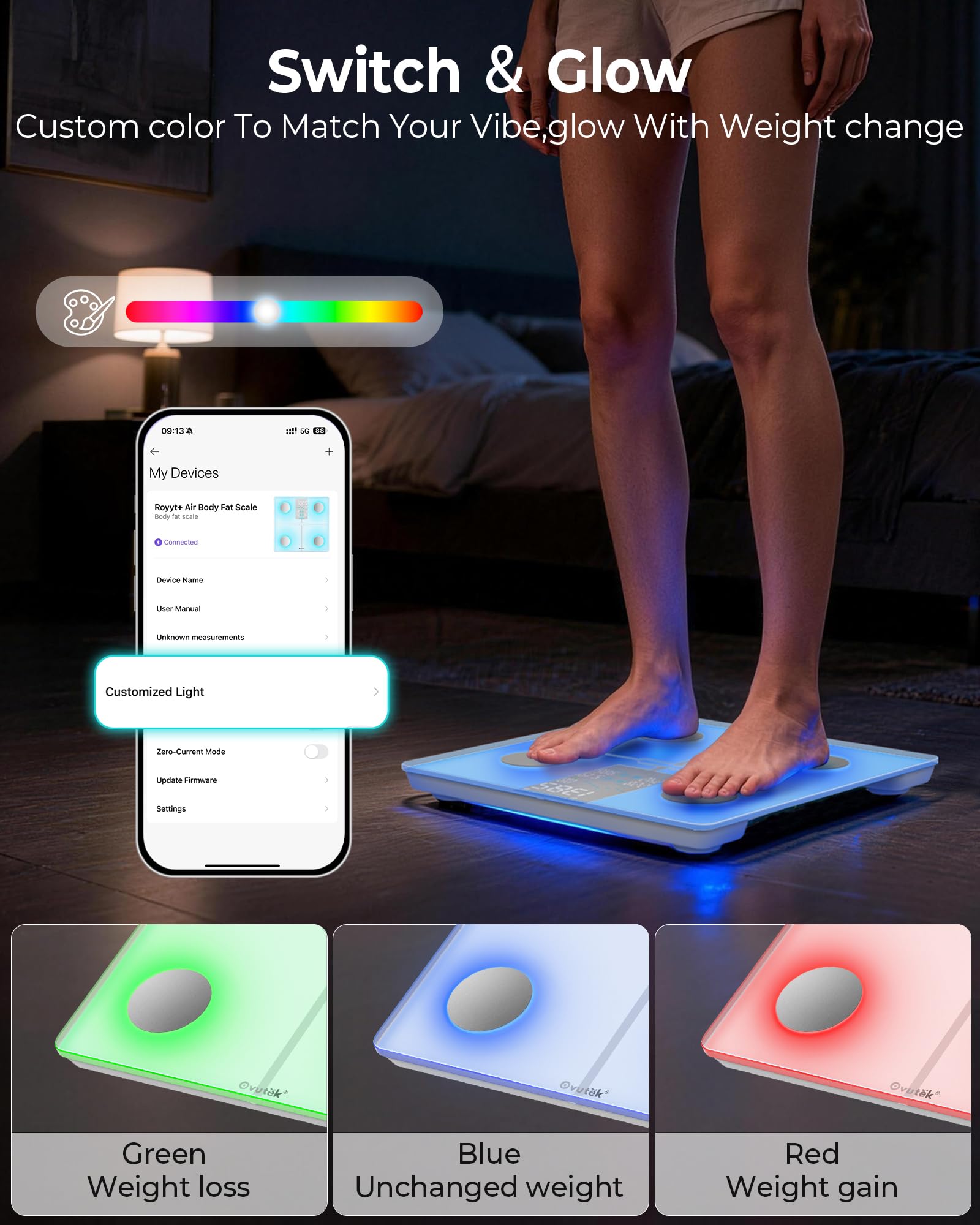 Ovutek smart digital scale displaying body weight, BMI, and muscle mass readings with a color-changing LED display.