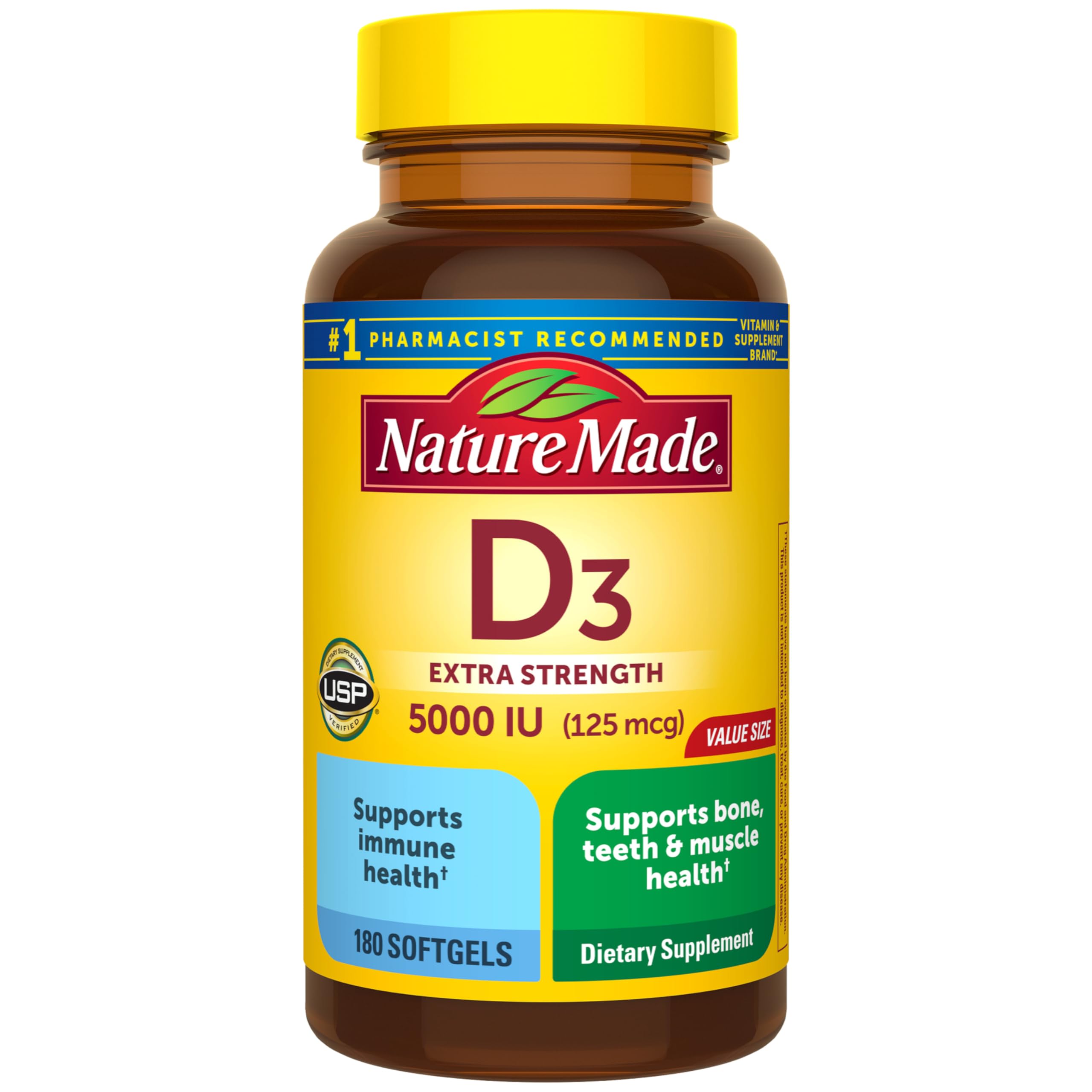 Nature Made Vitamin D3 5000 IU (125 mcg), 180 Vitamin D Softgels - Product Imagery