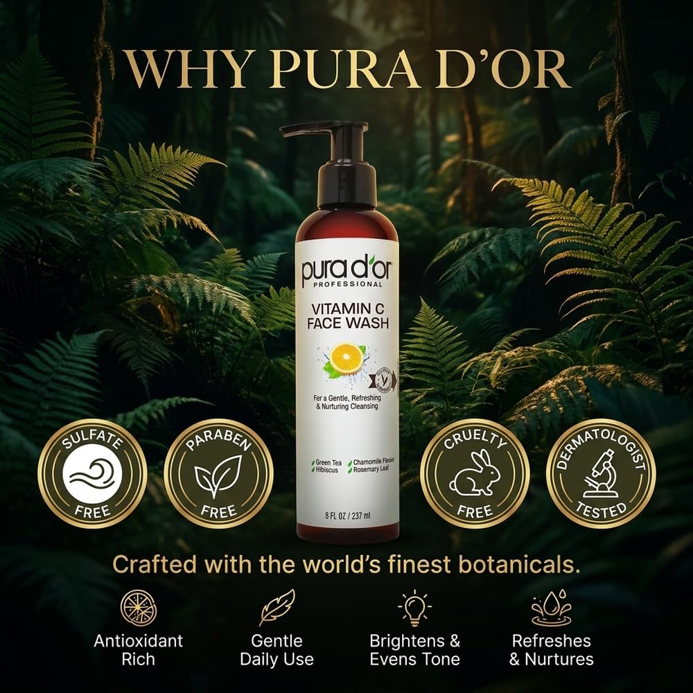 PURA D'OR Vitamin C face wash in an 8oz bottle, gentle daily facial cleanser for skin cleaning and revitalization.
