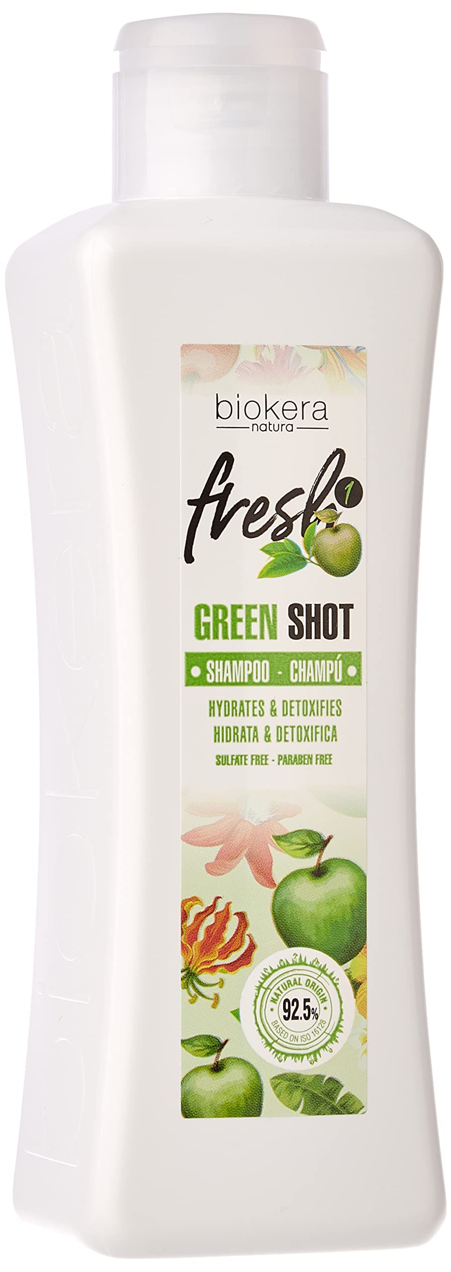 Salerm Biokera Green Shot Shampoo unisex bottle, 10.8 oz, with natural herbal ingredients and green label design.