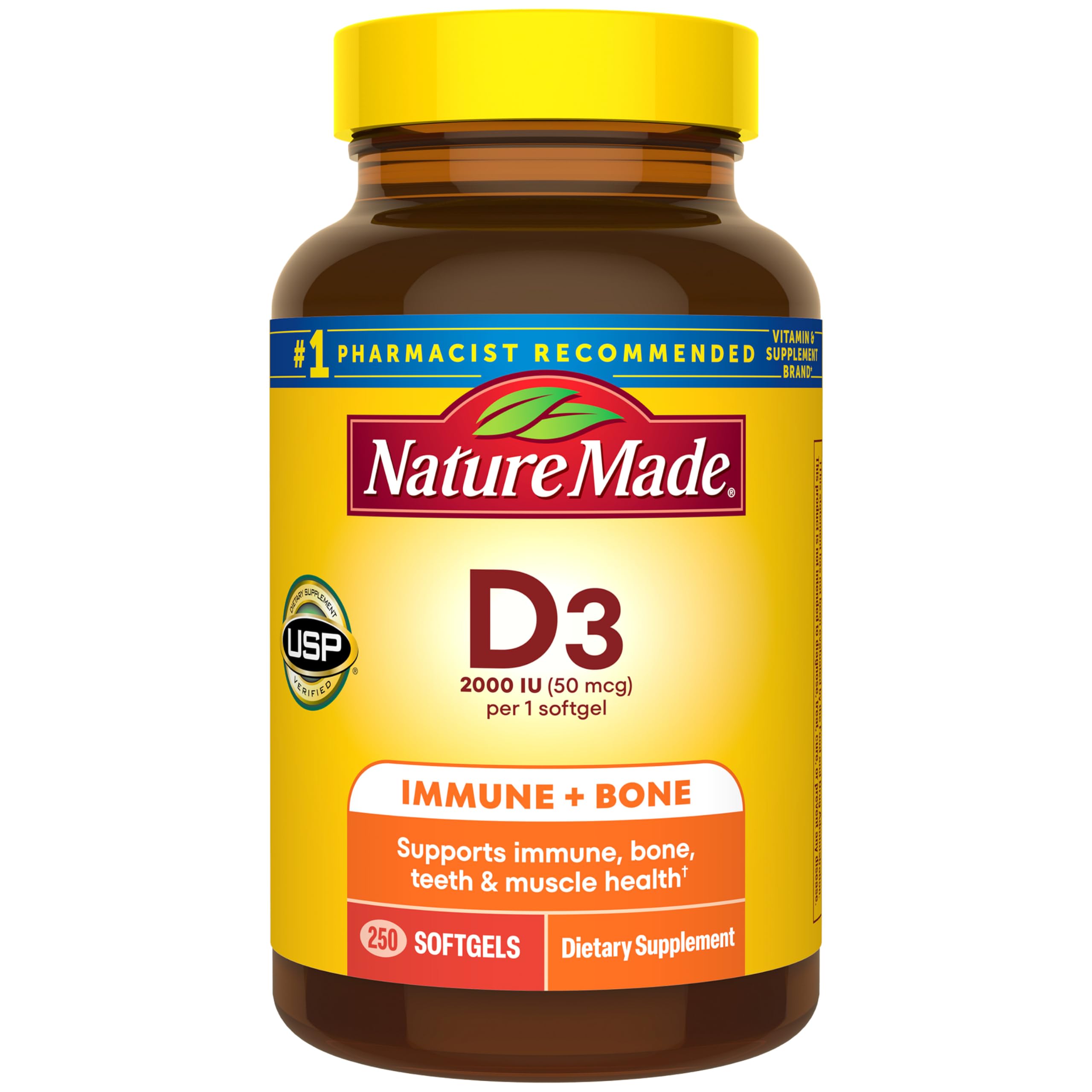 Nature Made Vitamin D3 2000 IU (50 mcg), 250 Vitamin D Softgels - Product Imagery