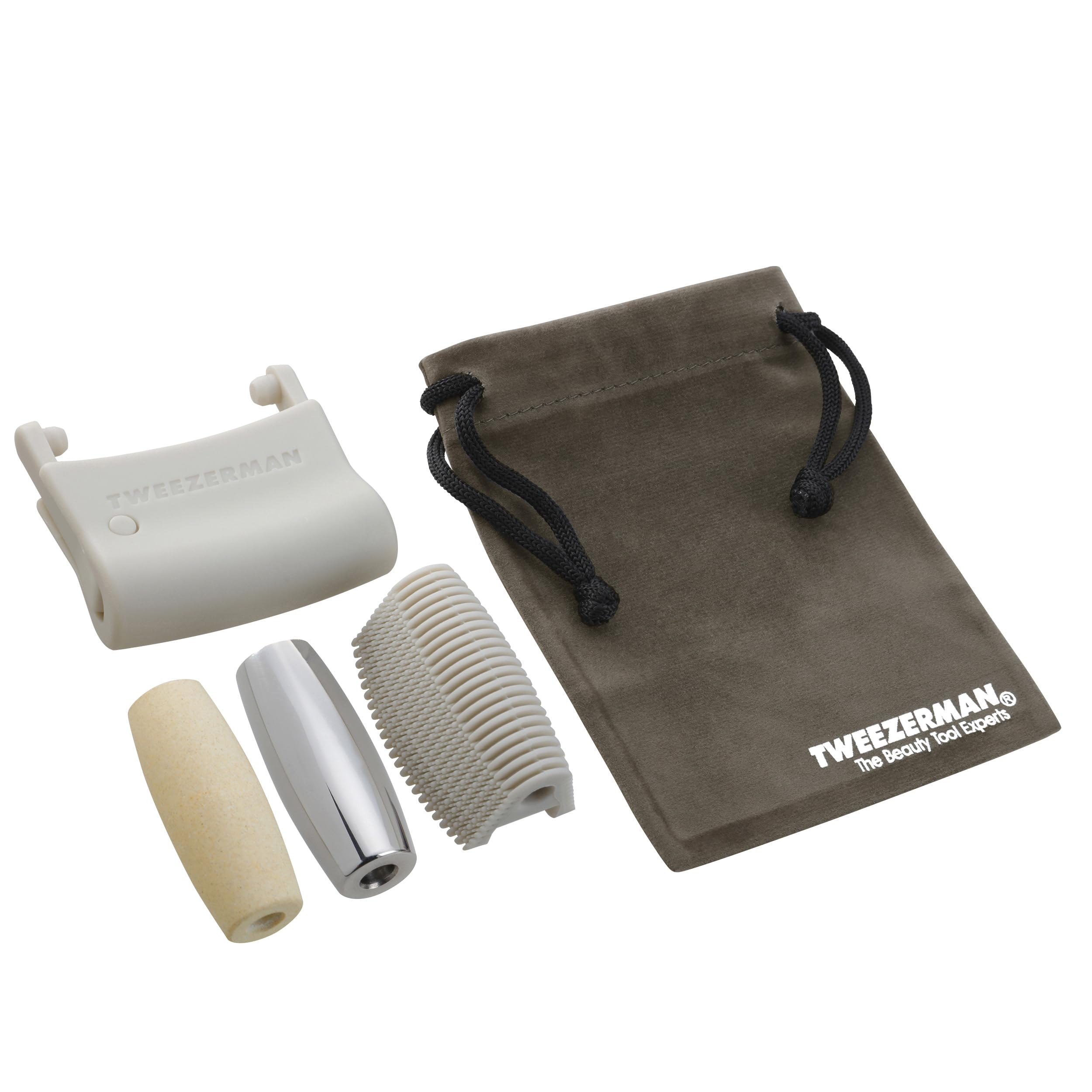 Tweezerman 3-in-1 facial massager set with multiple roller heads for soothing facial massage and skin relaxation.