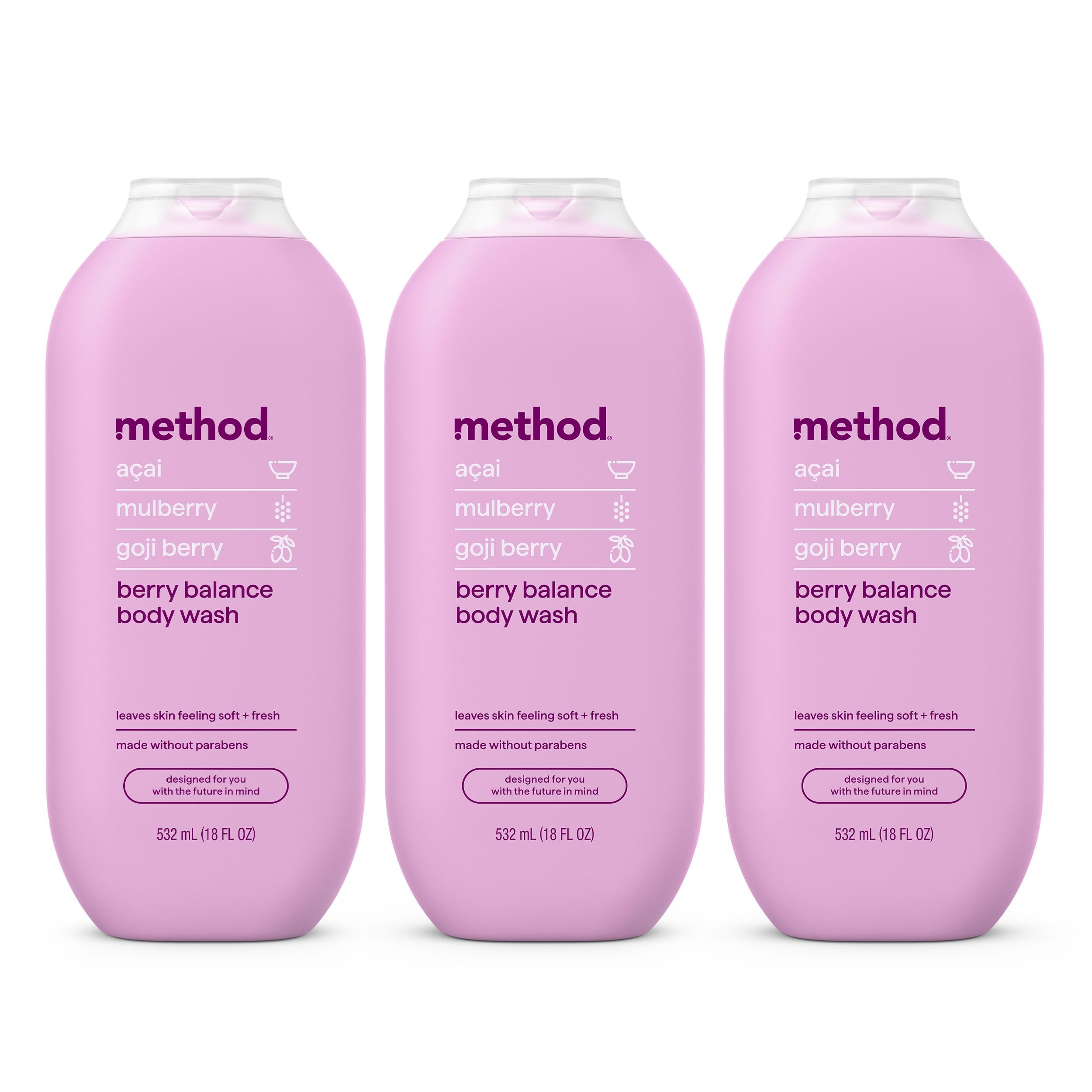 Method Berry Balance body wash 18 fl oz in a 3-pack, featuring natural berry scent and skin cleansing formula.
