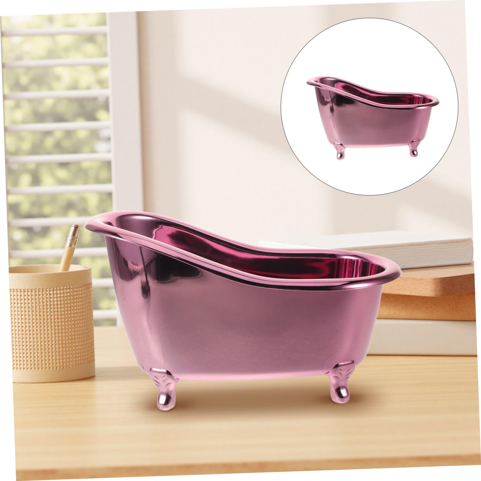 ULTECHNOVO mini metal purple bathtub caddy storage organizer box with compartments for skincare, nail polish, and bathroom essentials.