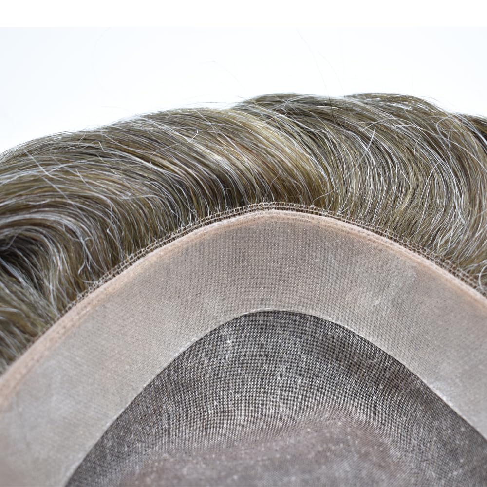 Curve Hair men's toupee wig in light brown with 40% gray, 7x9 inches, durable monofilament hairpiece for men.