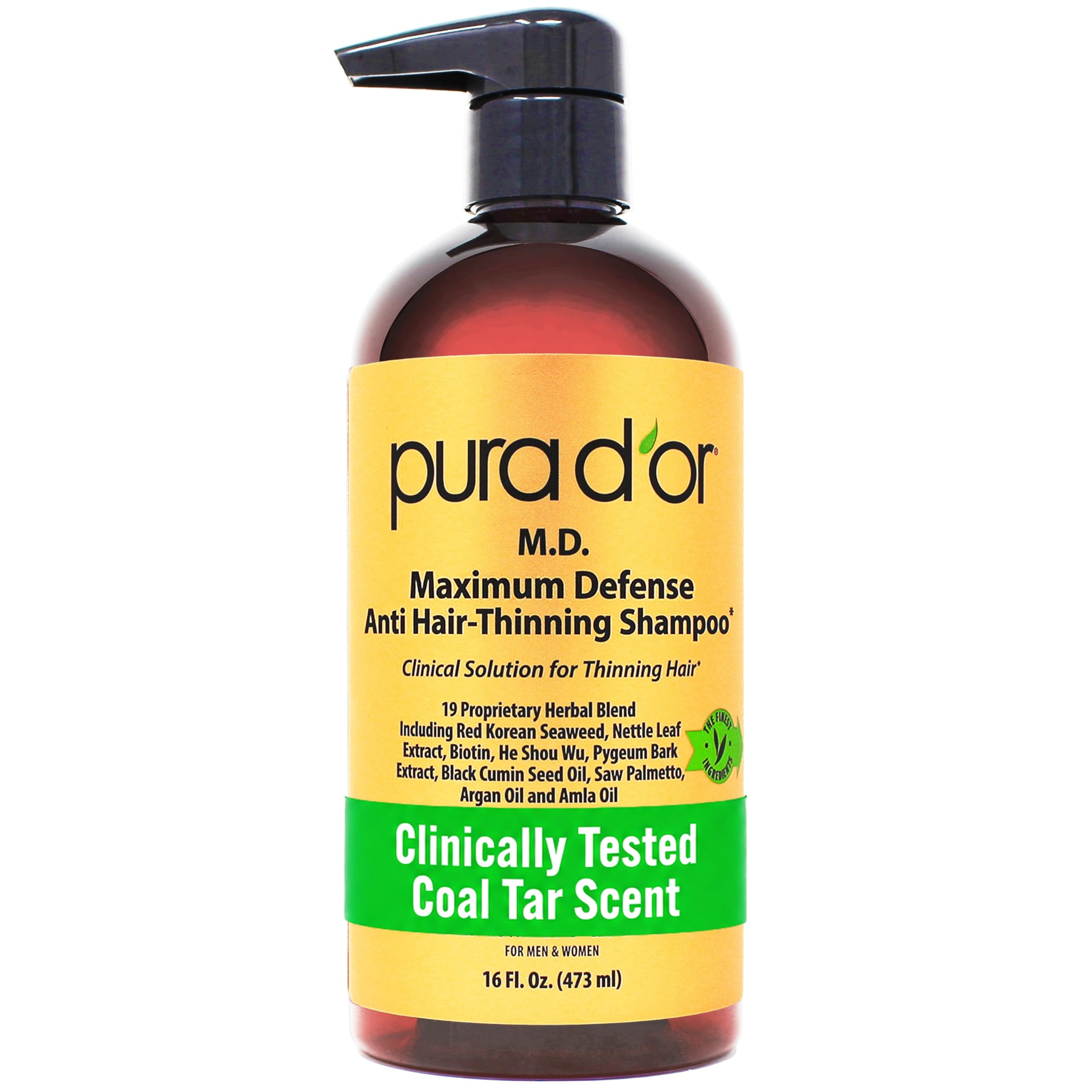 PURA D'OR MD Anti-Hair Thinning Maximum Defense Shampoo - 0.5% Coal Tar, Biotin, Proprietary Herbal Blend For Dry & Itchy Scalp, No Sulfates - For Men & Women, Strong Coal Tar Scent 16 Oz