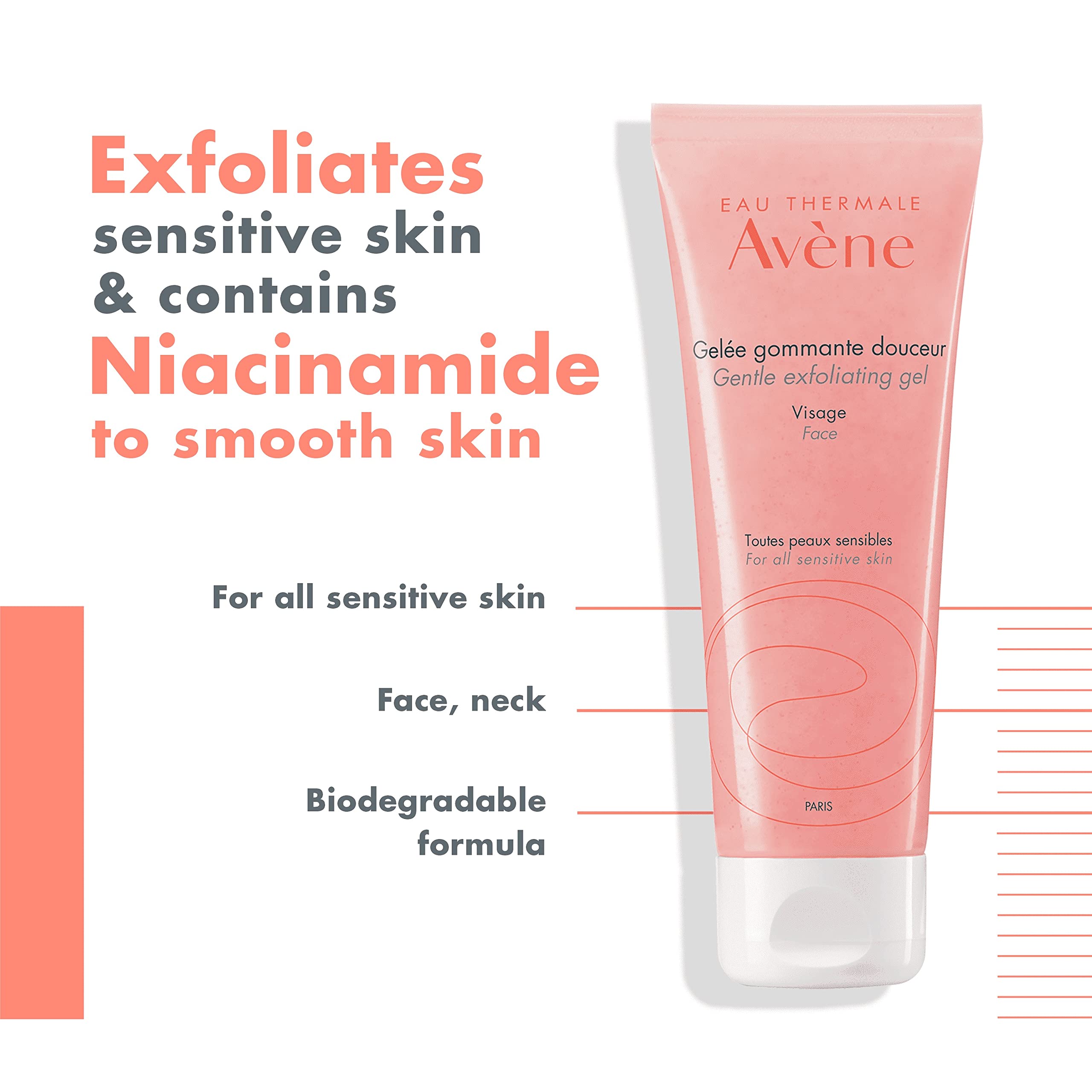 Avène Gentle Exfoliating Gel face scrub in 2.5 oz tube, smooths and refines skin with gentle exfoliation from Eau Thermale Avène.