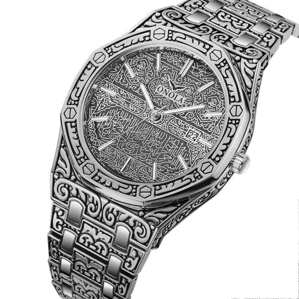 HUNRUY Retro Watches for Men Quartz Watches Tattoo Pattern Carved Stainless Steel Bracelet Waterproof Wrist Watch – clos