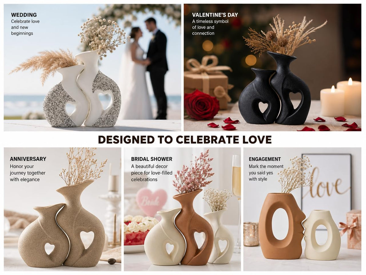 ChifonCyan Ceramic Vase Set of 2, Heart Vases for Home Decor, Wedding Gift for Couples – Beige & Brown