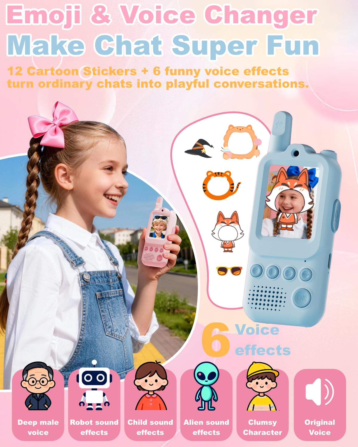Anfrandce Video Walkie Talkies for Kids 2 Pack Rechargeable Video Intercom with Voice Changer, 1300FT Long Range Radios,
