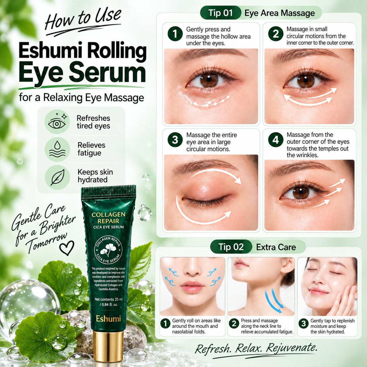 ESHUMI Collagen Repair Rolling Cica Eye Serum - Korean Cooling Rollerball Eye Massager Serum for Tired Eyes, Hydration &