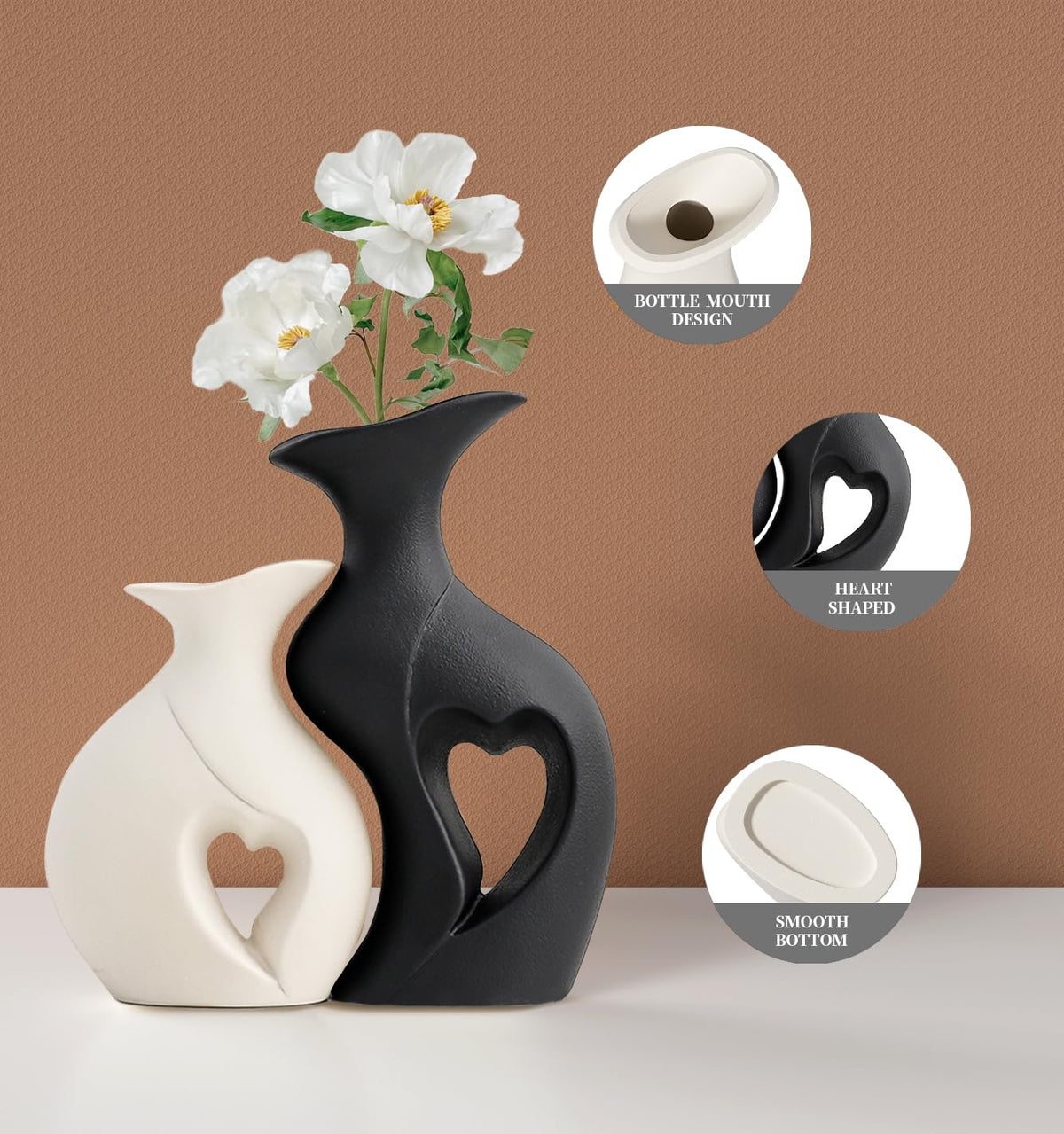 KKgoubz Black and White Vases Home Decor Heart Shape Ceramic Vase Set of 2 – Black and white combination Pearl White Mat
