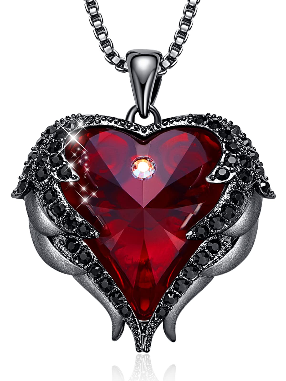 CDE Angel Wings Heart Birthstone Pendant Necklace Gift for Women – Black-01&07-Ruby Red Birthstone