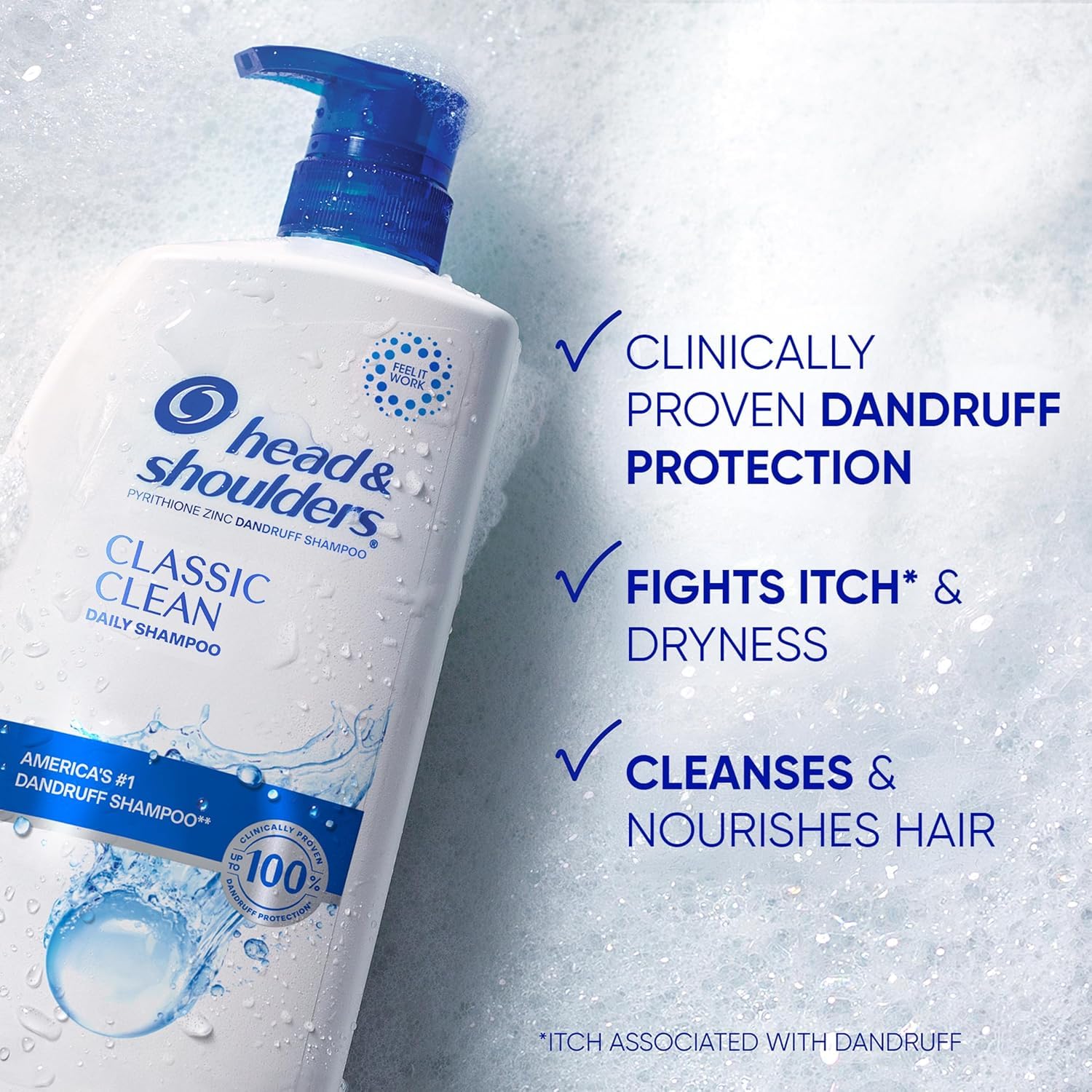 Head & Shoulders Classic Clean shampoo bottle, 28.2 fl oz, with white and blue label, showcasing the shampoo product.