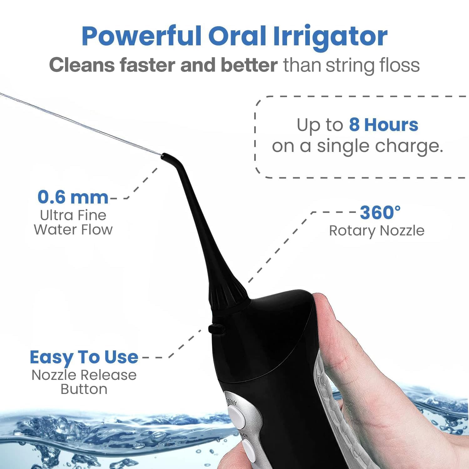 Aquasonic rechargeable oral irrigator with multiple tips, modes, and timers, used for complete family dental cleaning in black.