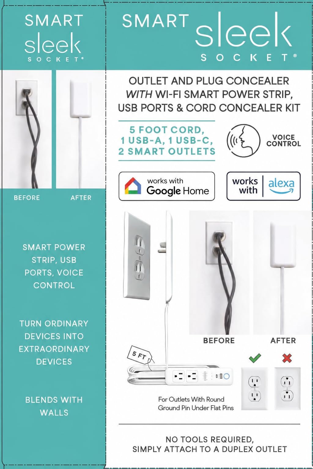 Smart Sleek Socket: Universal Outlet Concealer with Wi-Fi Smart Power Strip