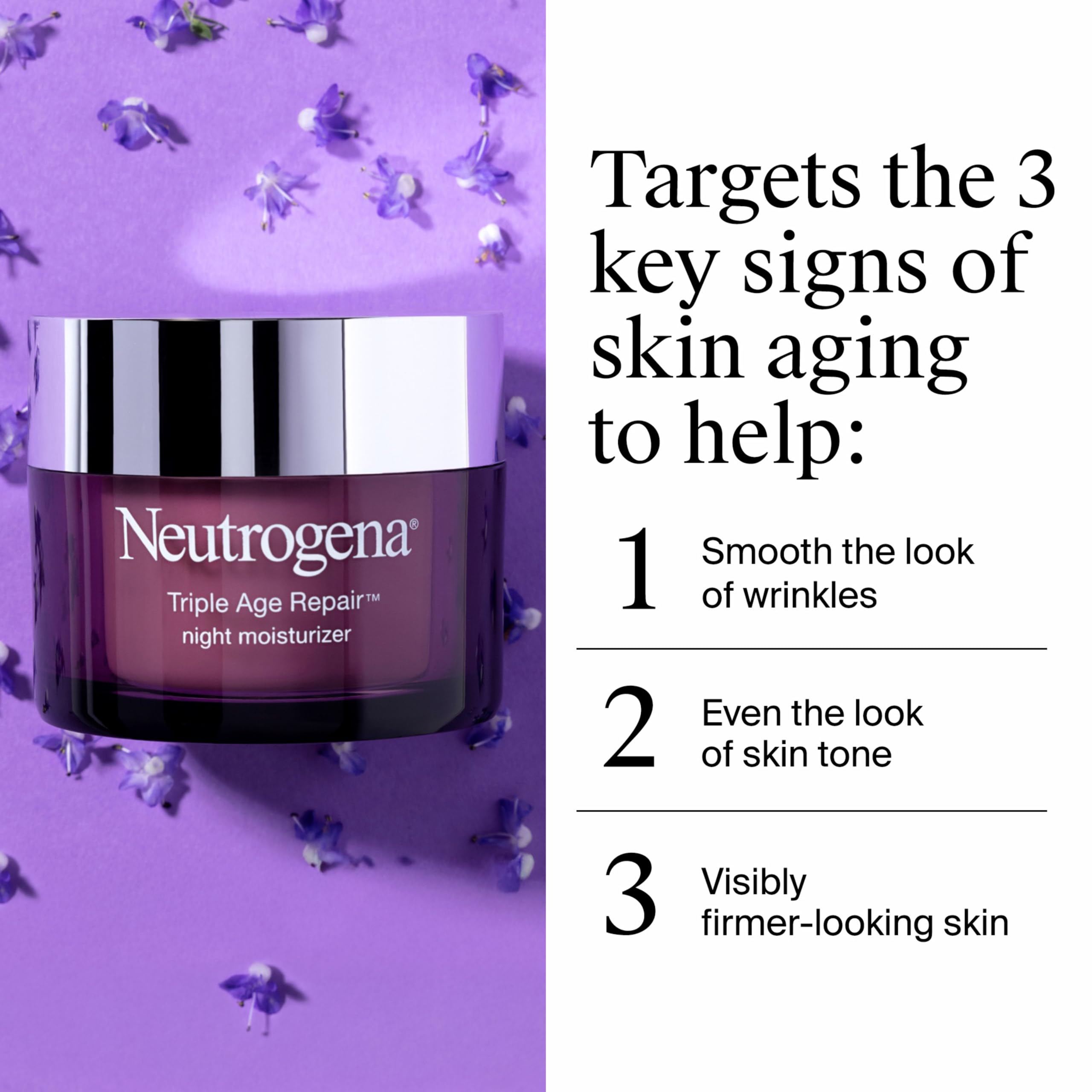 Neutrogena Triple Age Repair Night Face Moisturizer in 1.7 oz jar, showing smooth cream and skincare label on the container.