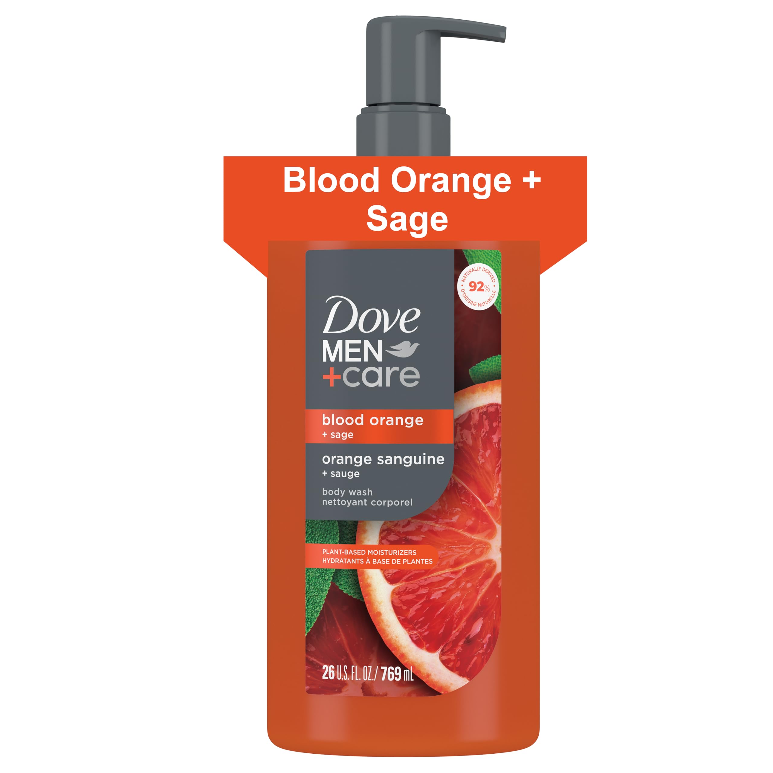 Dove Men + Care Moisturizing Body Wash in Blood Orange and Sage scent, 26 oz bottle, showing the product label and packaging.