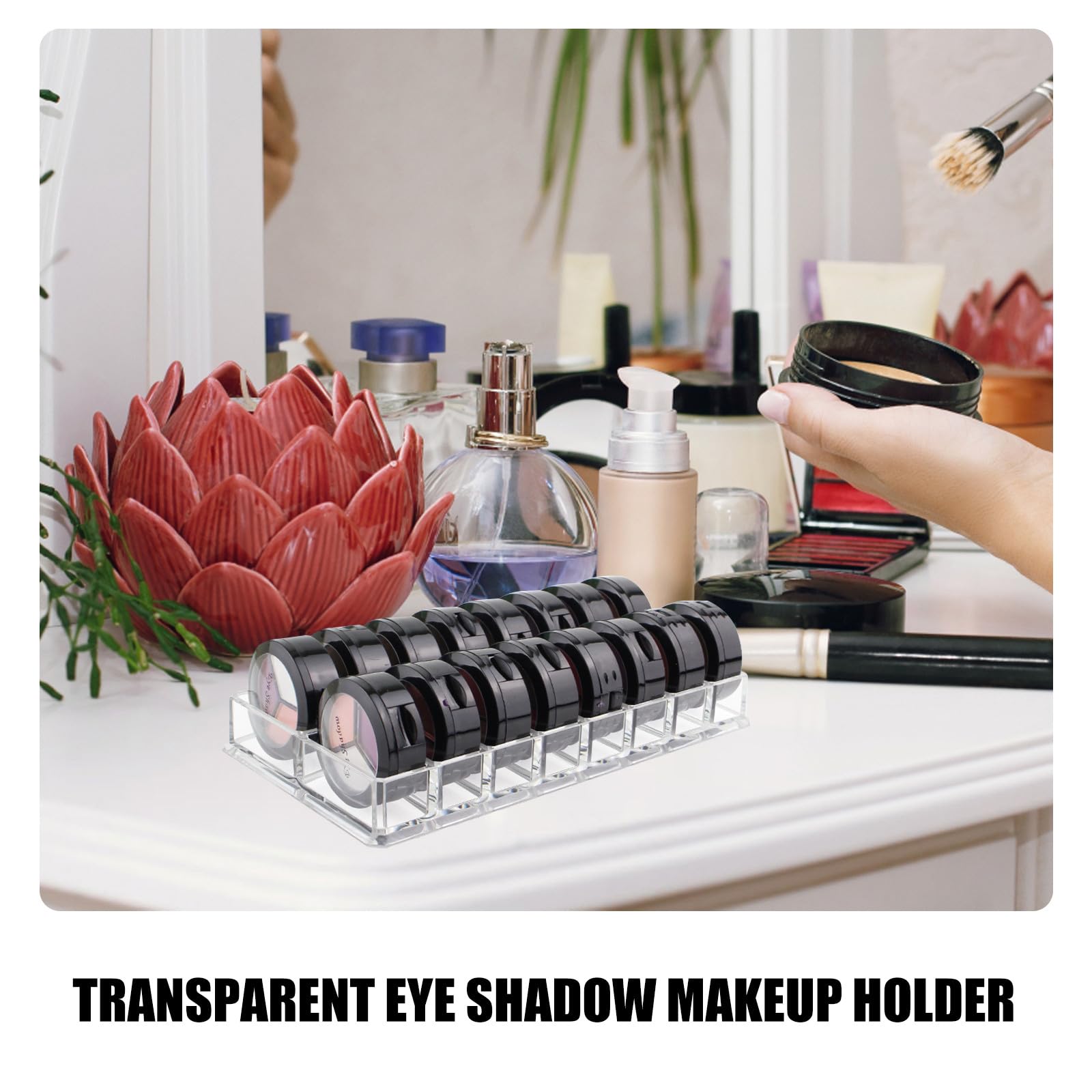 VILLCASE acrylic makeup storage caddy with 16 compartments for blush, eyeshadow, and cosmetics, ideal for vanity or travel use.