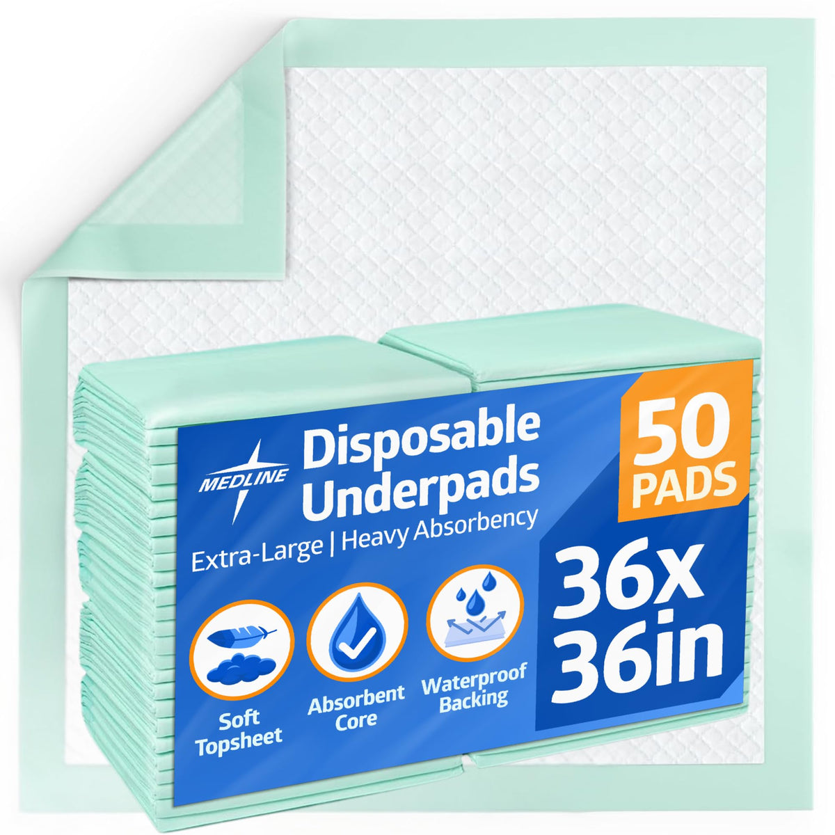 Medline Super Absorbent Underpad, 36" x 36", 50 Count, Extra Large Disposable Incontinence Pads, Protective Bed 