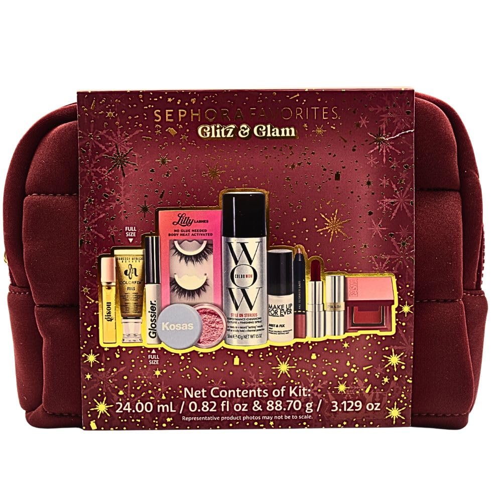 Sephora Glitz & Glam 10 Piece Holiday Gift Set: Makeup, Hair & Skincare Essentials with Red Lipstick, Blush, Powder & La