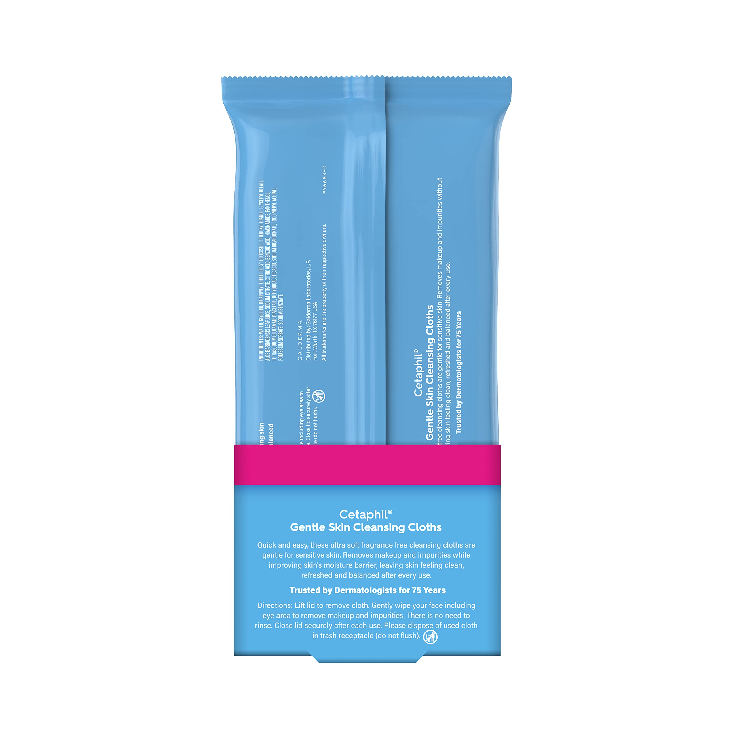 Cetaphil fragrance-free cleansing face and body wipes, 50 count, in a 2-pack, suitable for gentle skin cleaning.