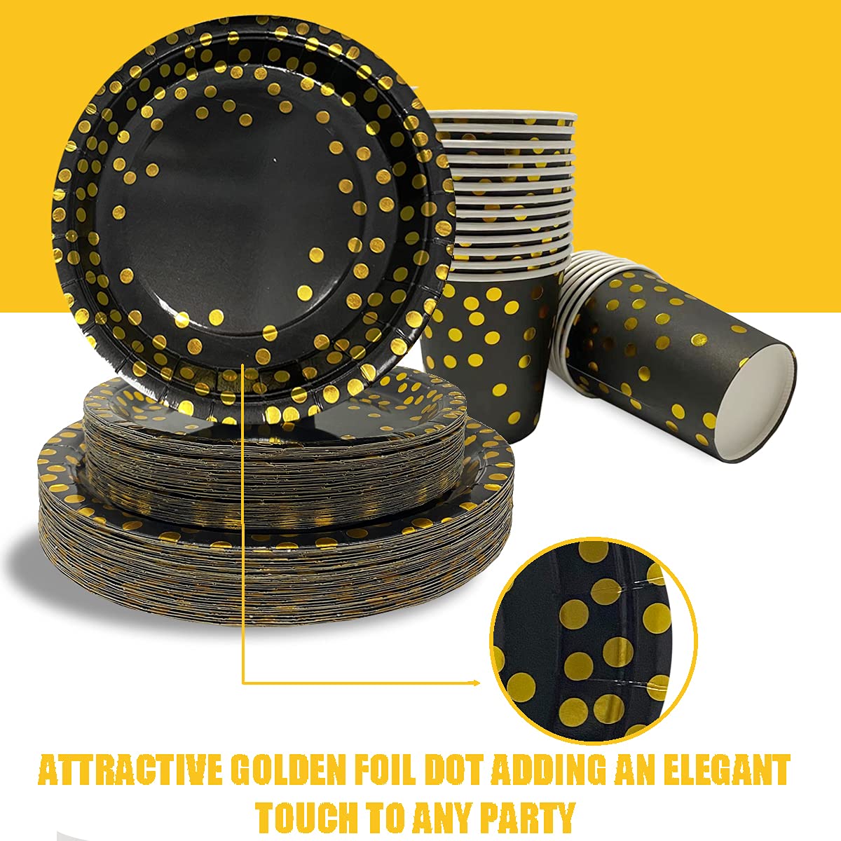 Runeaoys Halloween Black and Gold Party Decorations Supplies Paper Plates Napkin Set – packaging and label