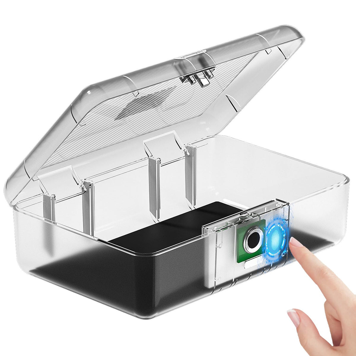 AICase Biometric Fingerprint Storage Box, Transparent Portable Jewelry Cash Safe Storage Box, Rechargeable Lock Box for 