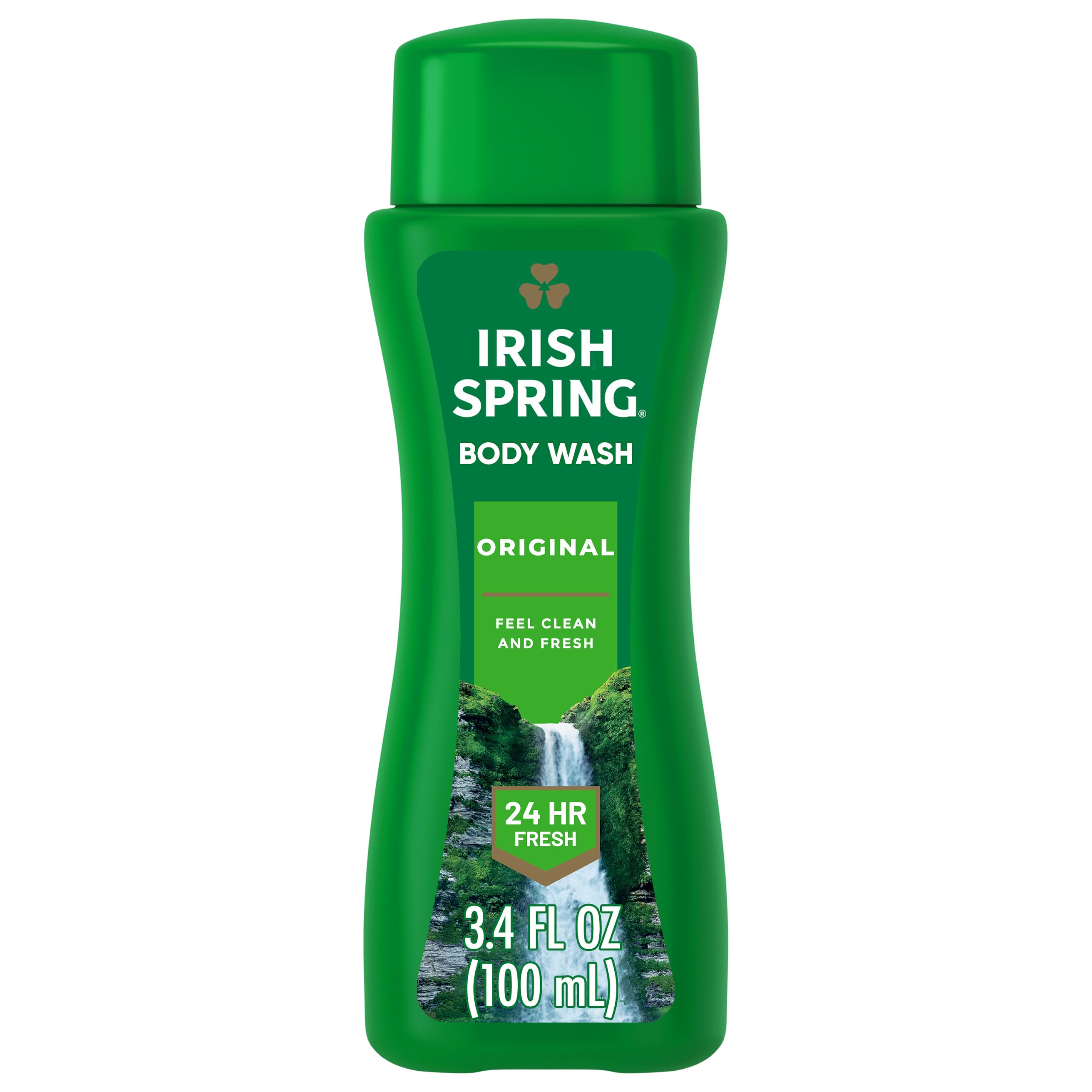 Irish Spring Original Body Wash for Men with cool fresh scent, 3.4 fl oz, skin cleaning agent in a bottle