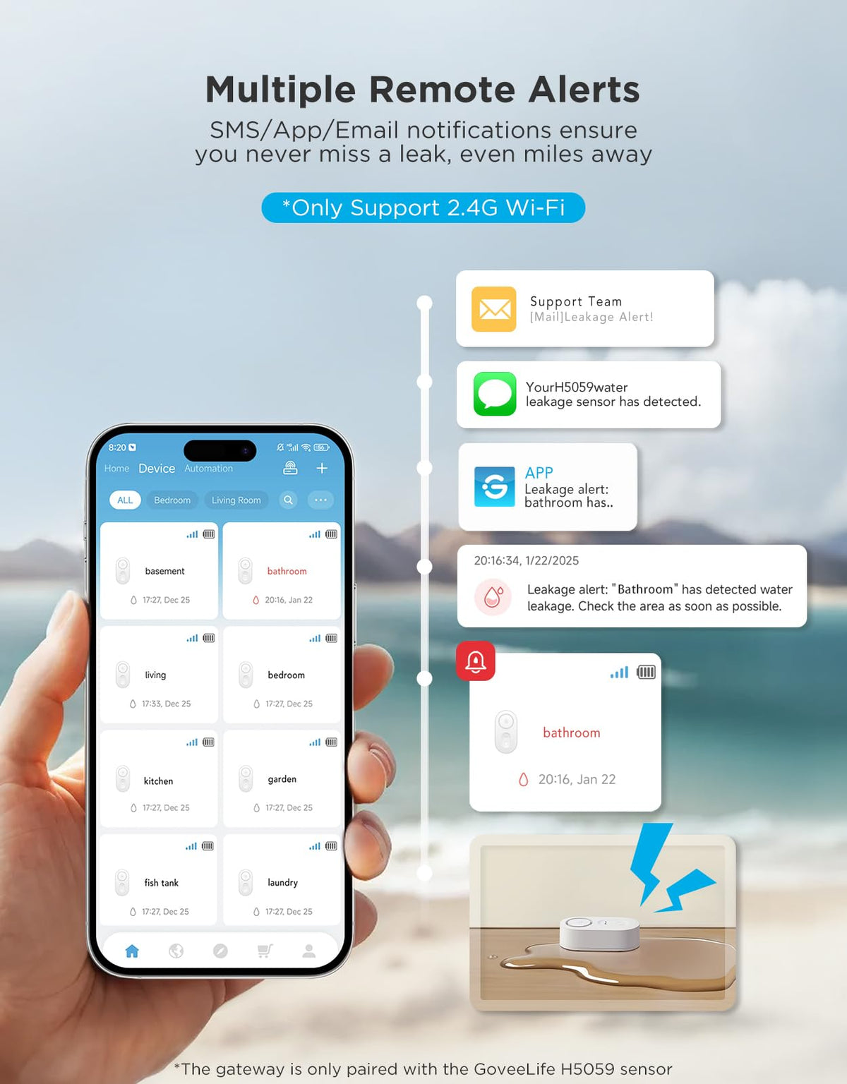 GoveeLife Upgraded Smart Water Leak Detector 1s with 1804ft Ultra-Long Range, WiFi Water Sensor with SMS/Email/APP Push 