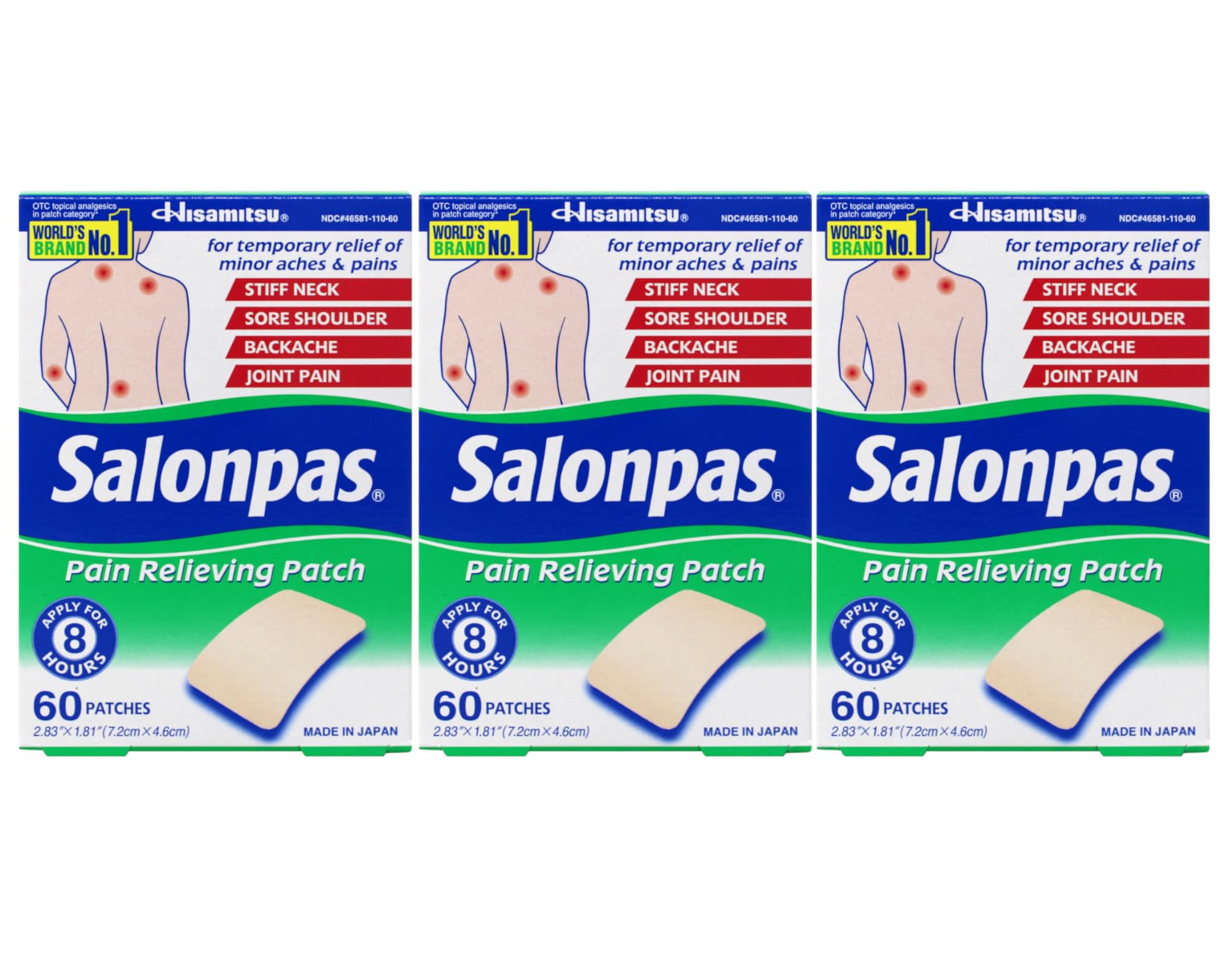 Salonpas Pain Relieving Patches 2.83" x 1.81" 60 Count, Pack 3 - Product Imagery