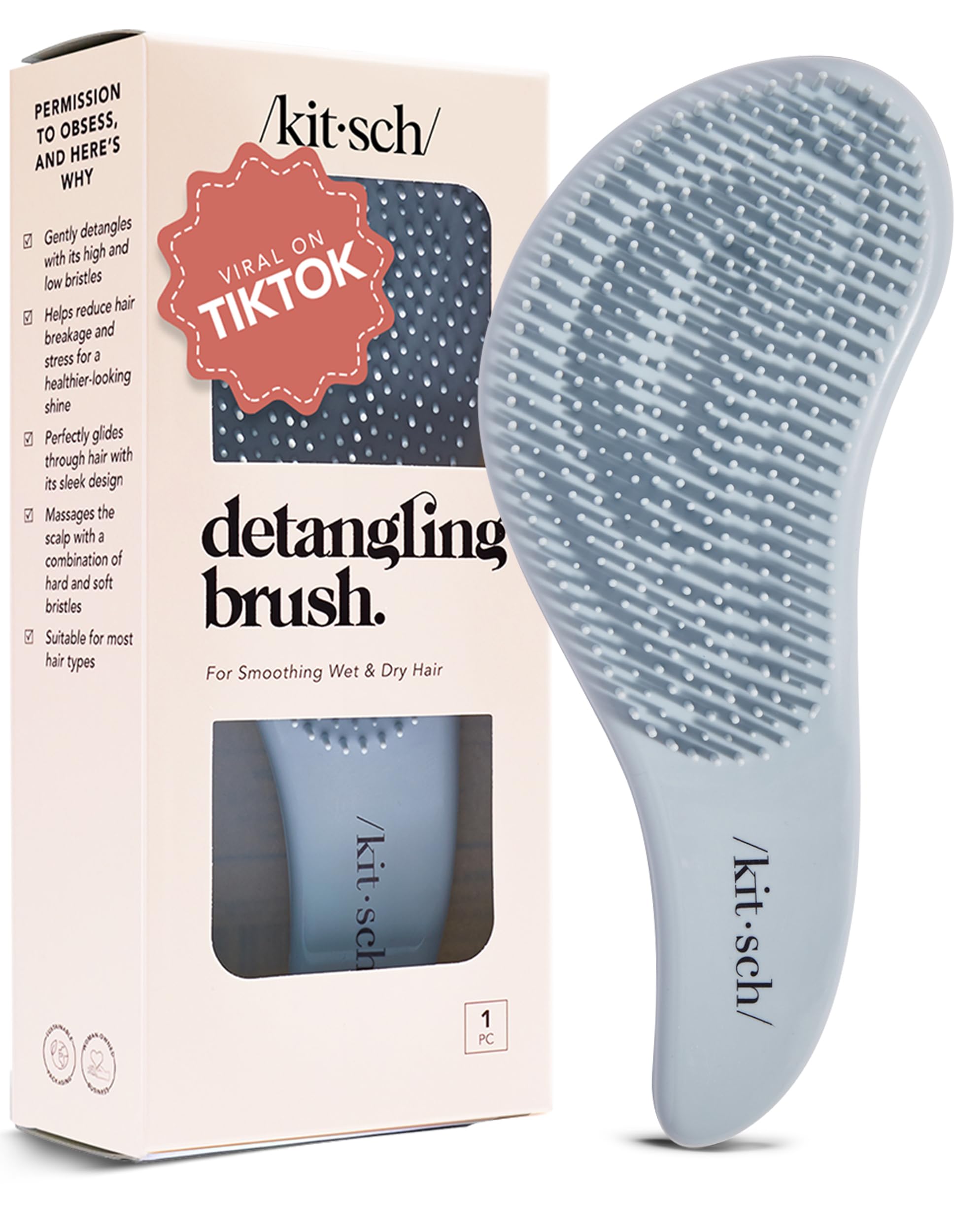 Kitsch Detangle Brush in Haze Blue, gentle hair brush with flexible bristles for detangling all hair types.