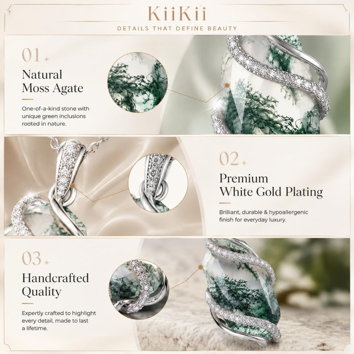 KiiKii Handmade Natural Stone Necklace, White Gold Plated Jewelry Gift – packaging and label