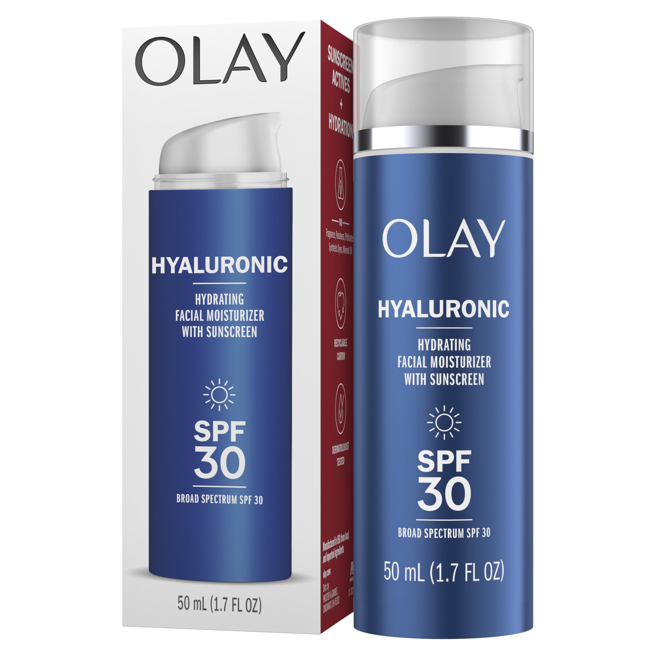 Olay Hyaluronic SPF 30 Hydrating Moisturizer with Sunscreen, Broad Spectrum SPF 30, Fragrance-Free, 1.7 oz