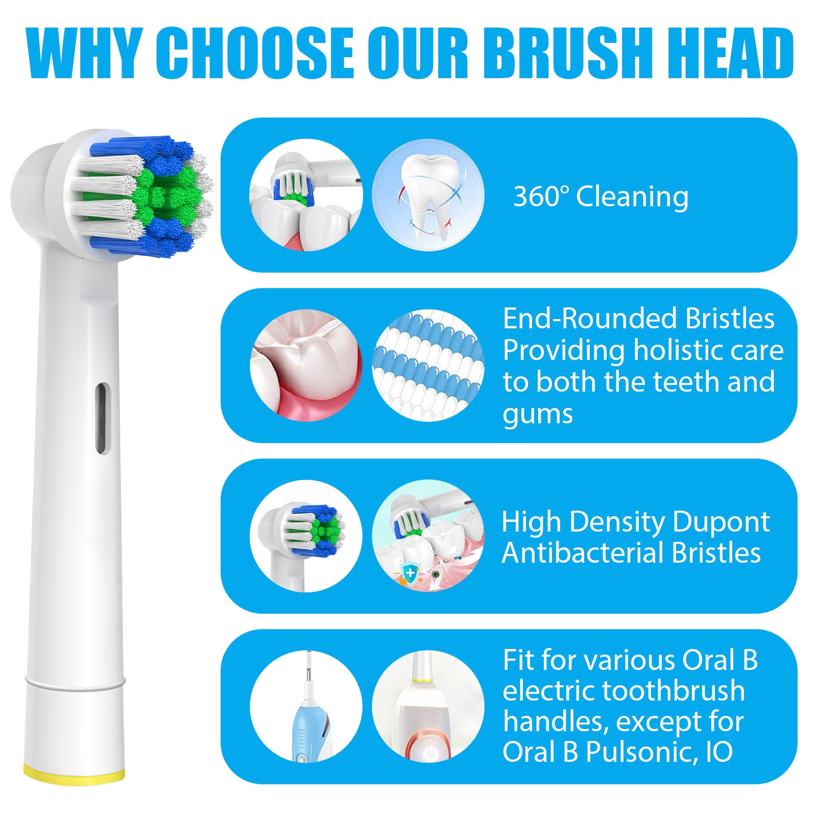 GENKENT replacement toothbrush heads for Oral-B, 20 pack, showing compatible brush heads with bristles and plastic body.