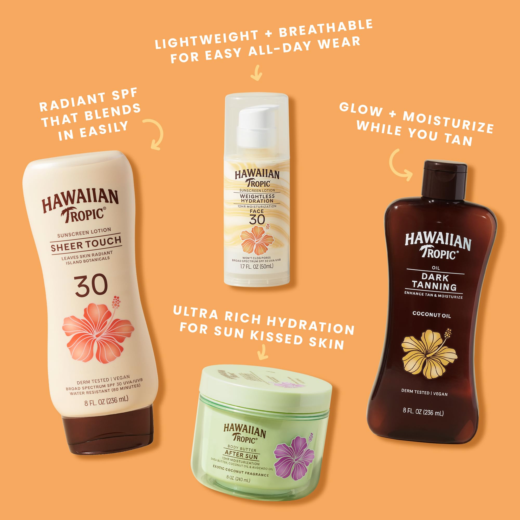 Hawaiian Tropic Island Tanning Lotion SPF 4, self-tanner, 8 fl oz bottle shown in the image. Pack of two.