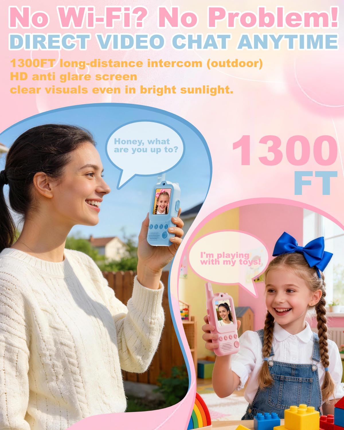 Anfrandce Video Walkie Talkies for Kids 2 Pack Rechargeable Video Intercom with Voice Changer, 1300FT Long Range Radios,