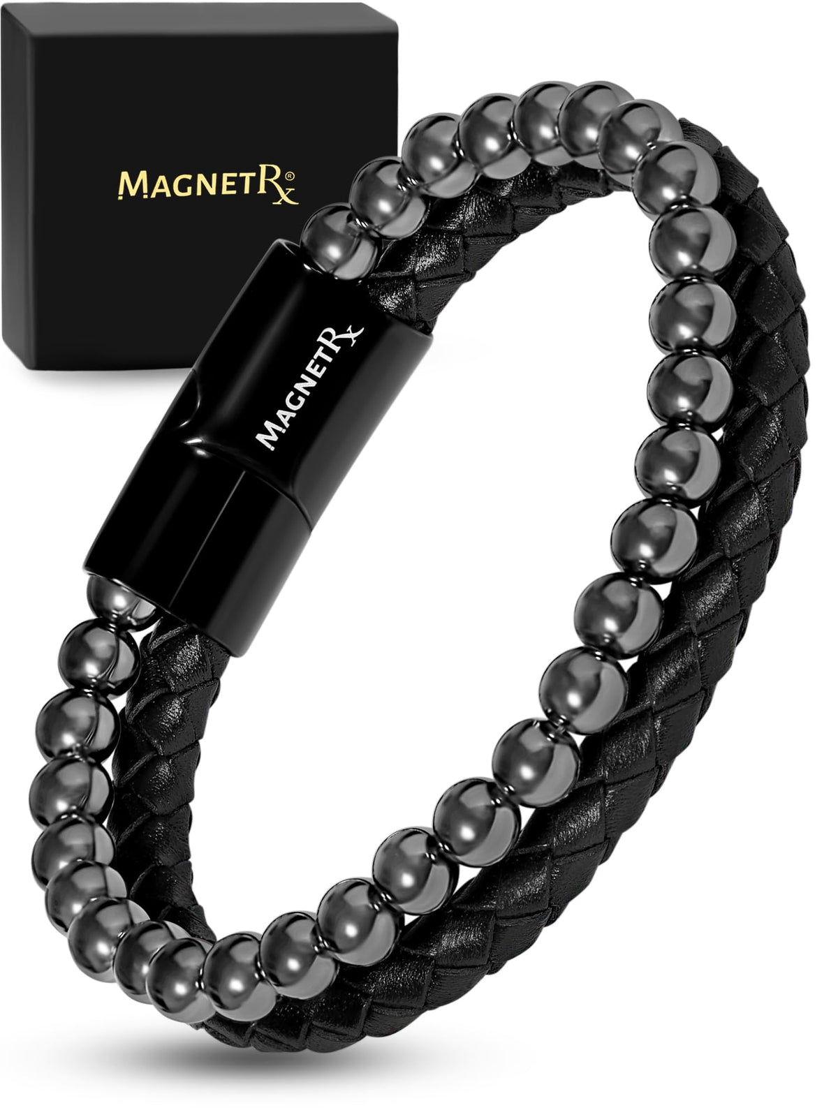 MagnetRX® Hematite Beaded Magnetic Bracelets (Large) – Leather Black, Hematite, Large