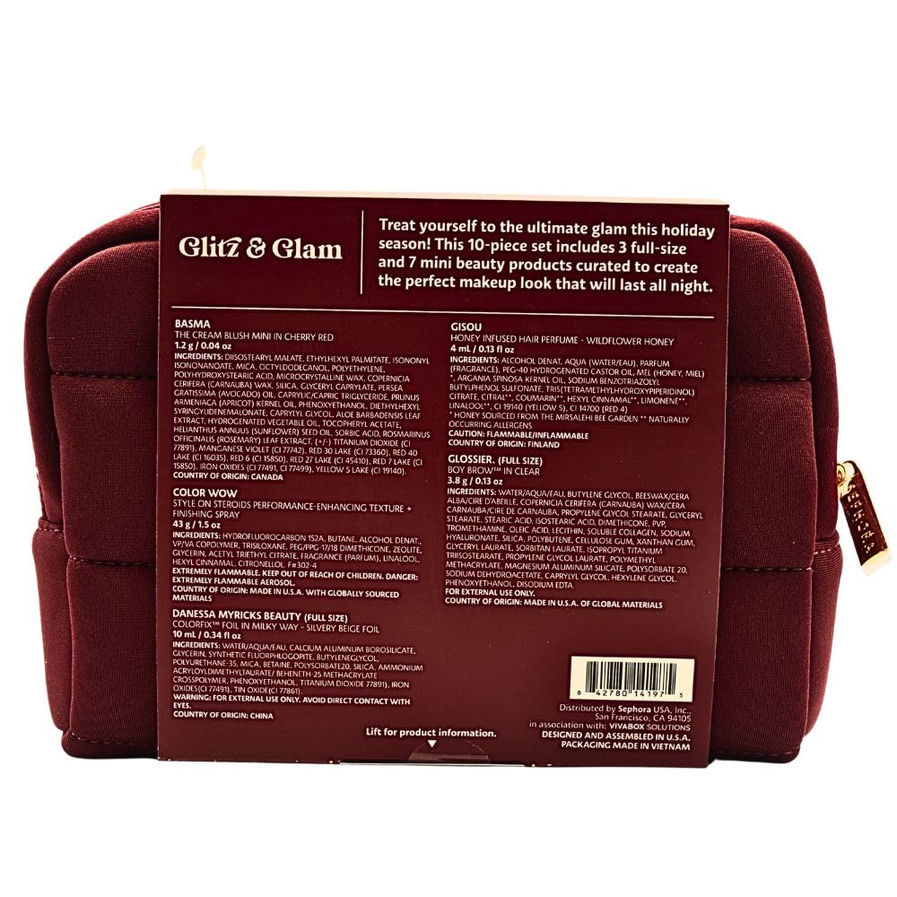 Sephora Glitz & Glam 10 Piece Holiday Gift Set: Makeup, Hair & Skincare Essentials with Red Lipstick, Blush, Powder & La