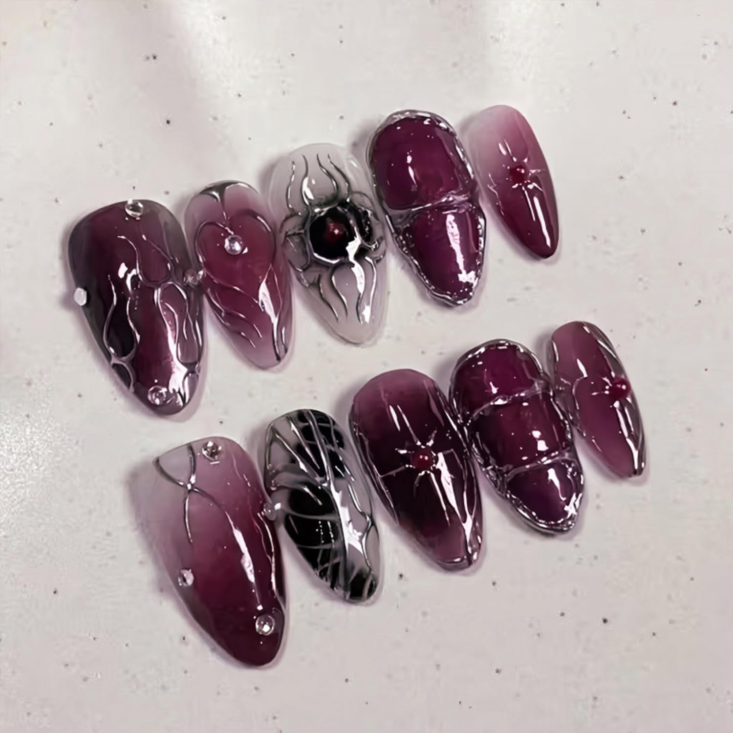 Gothic Press on Nails Medium Almond Dark Purple, Y2K Punk Fake Nails with Rhinestone Silver Star Design, Glossy Acrylic Full Cover False Nails, Cute Goth Stick on Nails Reusable Nails for Women 30Pcs