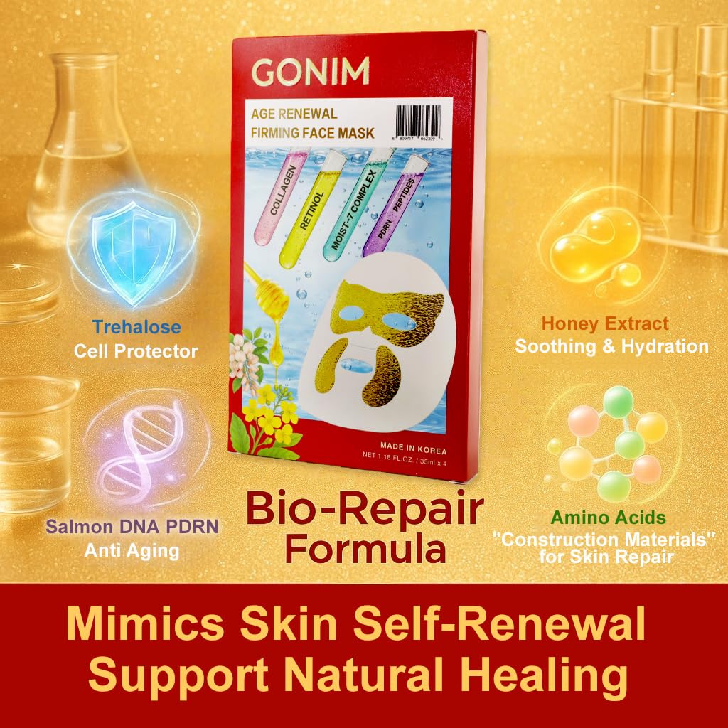 GONIM Korean Firming Face Mask, Anti Aging Mask with Integrated Eye Patches – back view and specifications