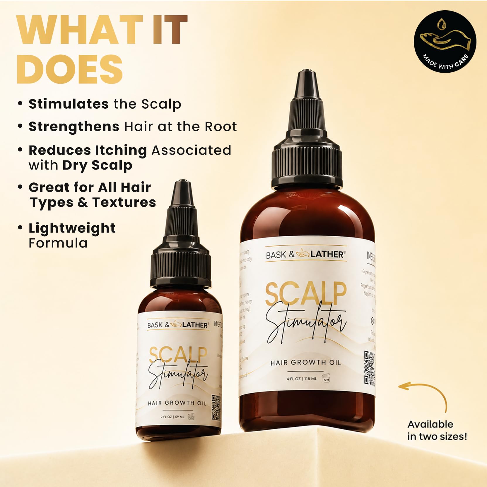 Bask & Lather scalp stimulator hair growth oil bottle with applicator brush for topical hair regrowth treatment.