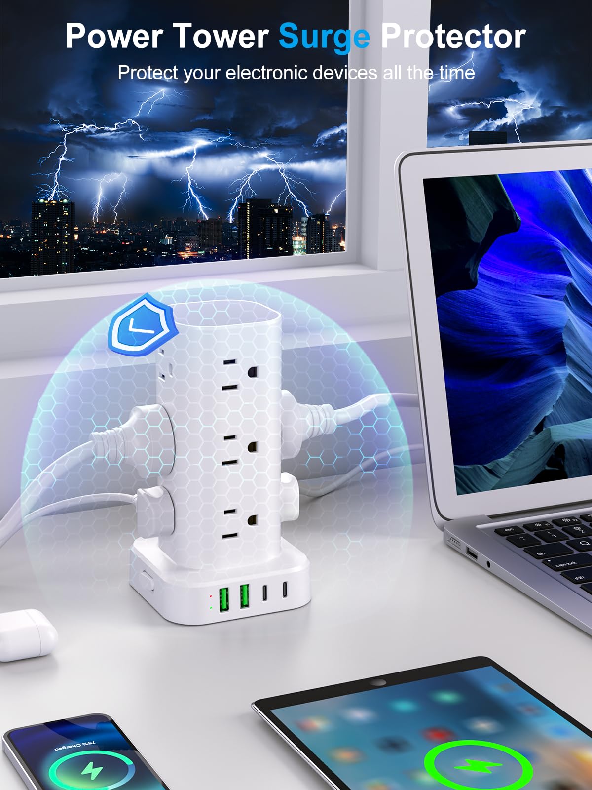 UWIWUTEI 6FT Power Strip Tower with Wireless Charger,Surge Protector with 12 Outlets – full view
